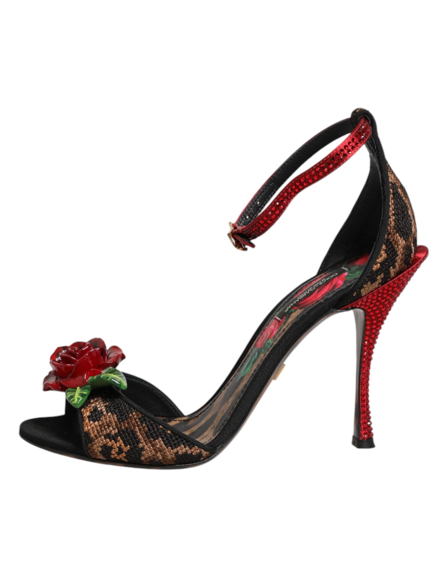 Dolce & Gabbana Brown Leopard Crystal Roses Sandals Shoes Curated Luxury Accessories by Orvyn