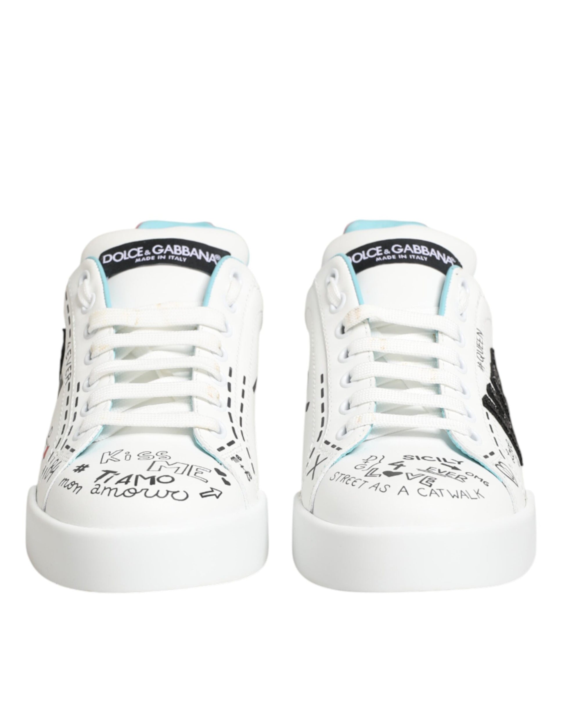 Dolce & Gabbana White Leather Graffiti Low Top Sneakers Shoes Curated Luxury Accessories by Orvyn