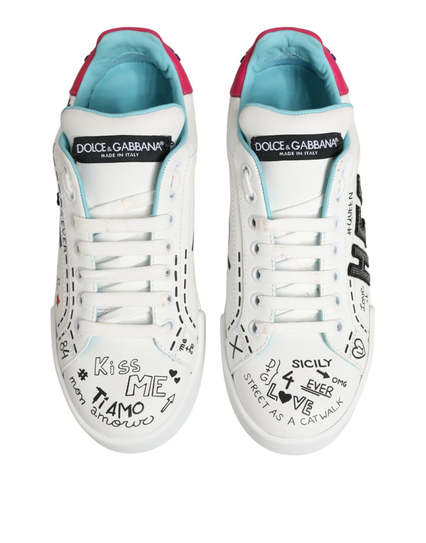 Dolce & Gabbana White Leather Graffiti Low Top Sneakers Shoes Curated Luxury Accessories by Orvyn