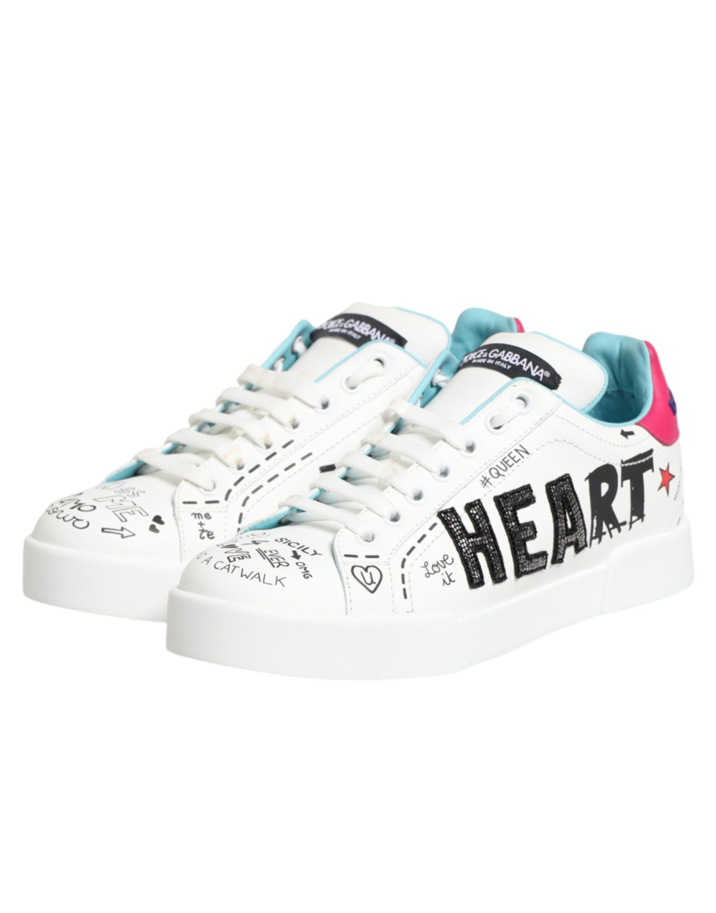 Dolce & Gabbana White Leather Graffiti Low Top Sneakers Shoes Curated Luxury Accessories by Orvyn