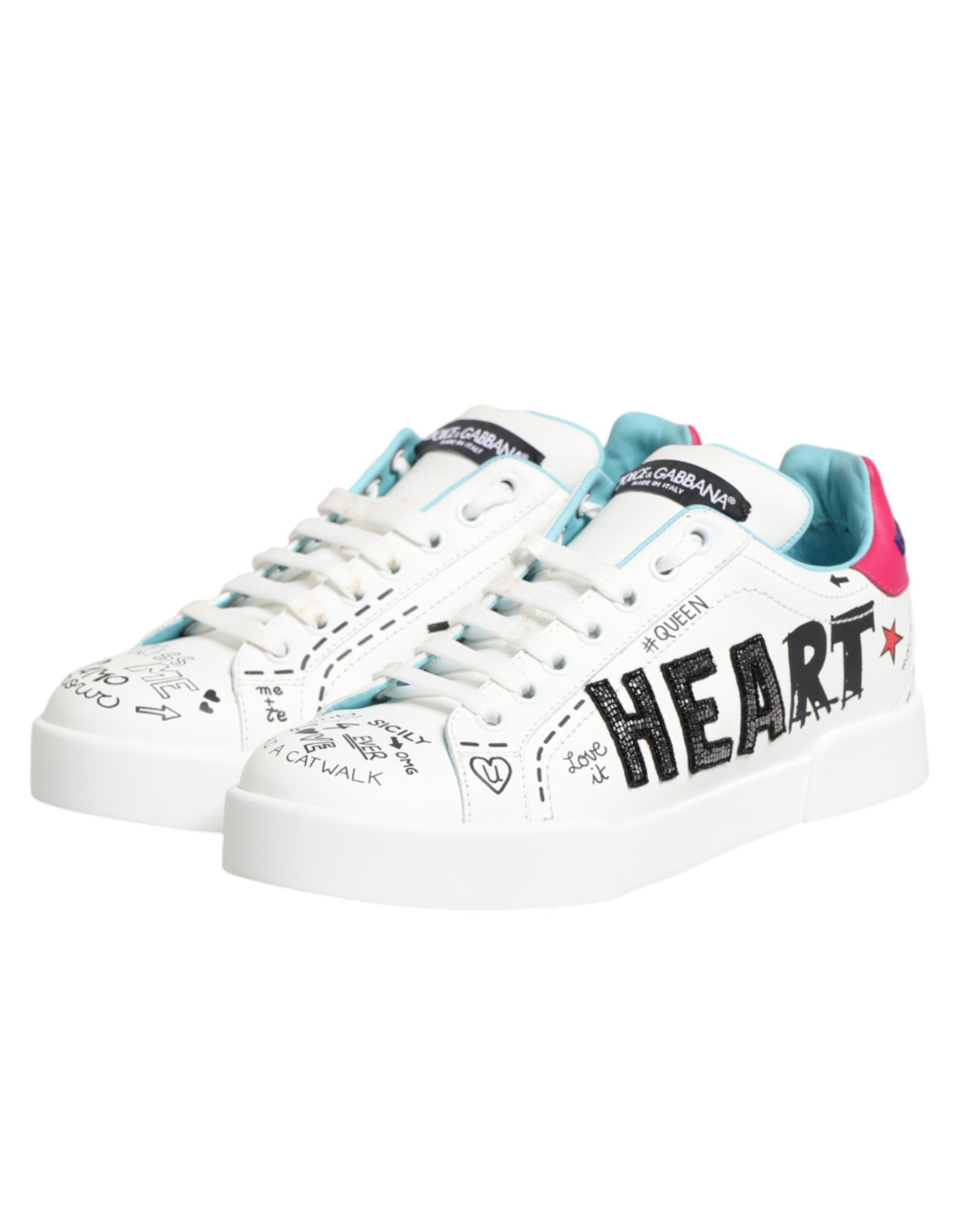 Dolce & Gabbana White Leather Graffiti Low Top Sneakers Shoes Curated Luxury Accessories by Orvyn