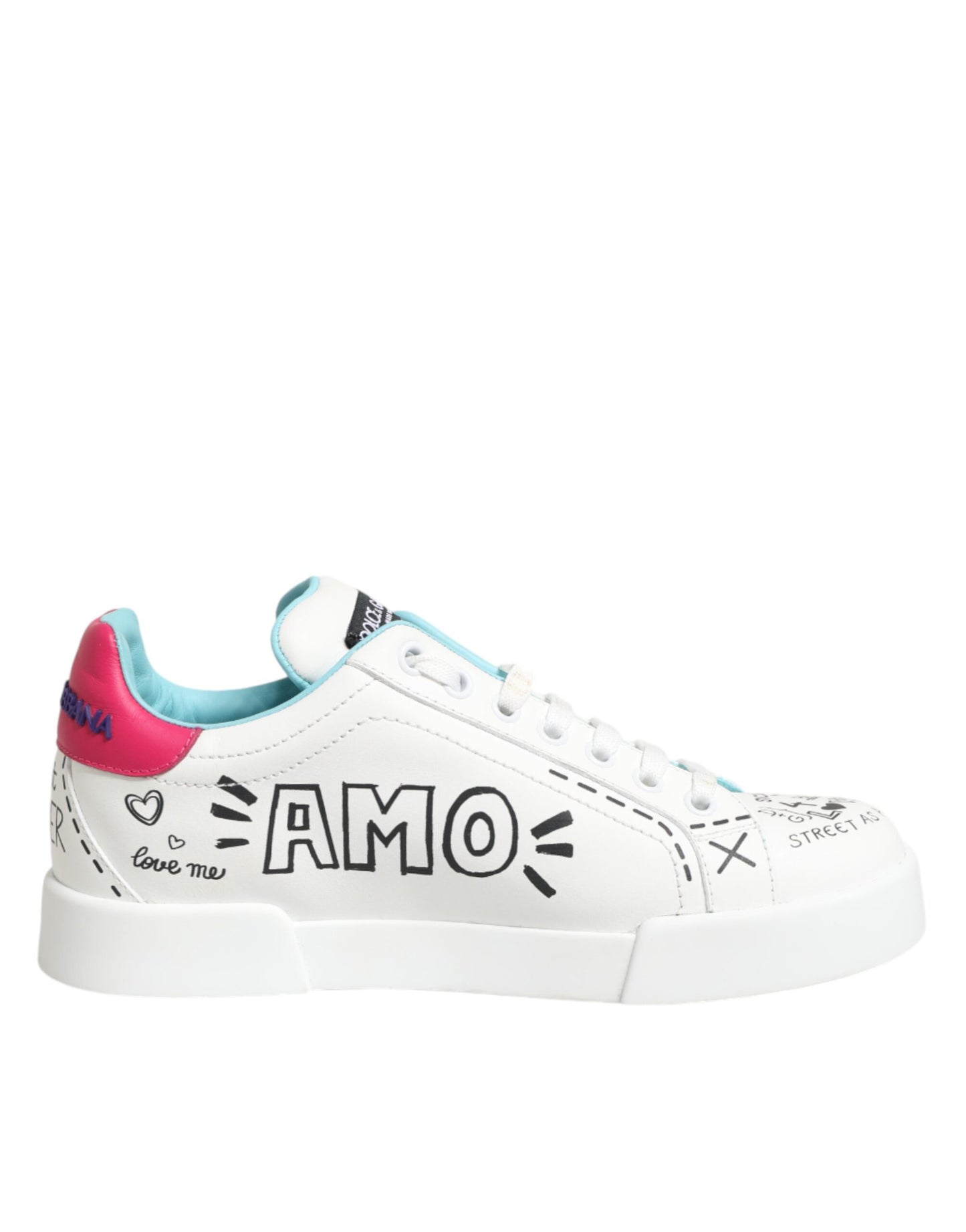 Dolce & Gabbana White Leather Graffiti Low Top Sneakers Shoes Curated Luxury Accessories by Orvyn