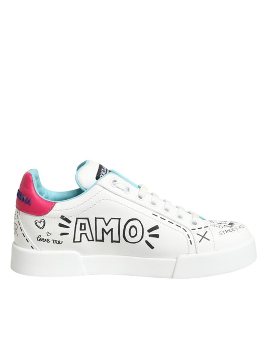 Dolce & Gabbana White Leather Graffiti Low Top Sneakers Shoes Curated Luxury Accessories by Orvyn