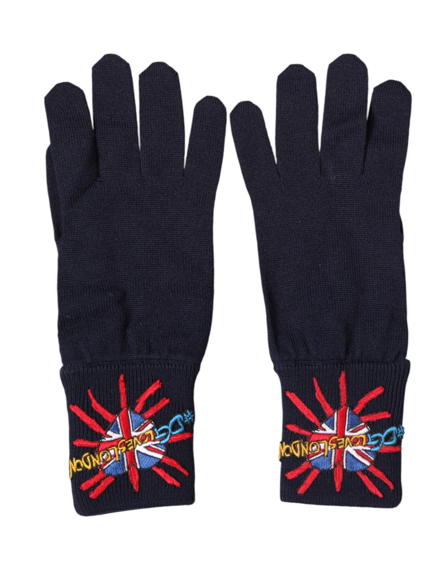 Dolce & Gabbana Blue Wool Knit #DGLovesLondon Embroidered Mitten Gloves Curated Luxury Accessories by Orvyn