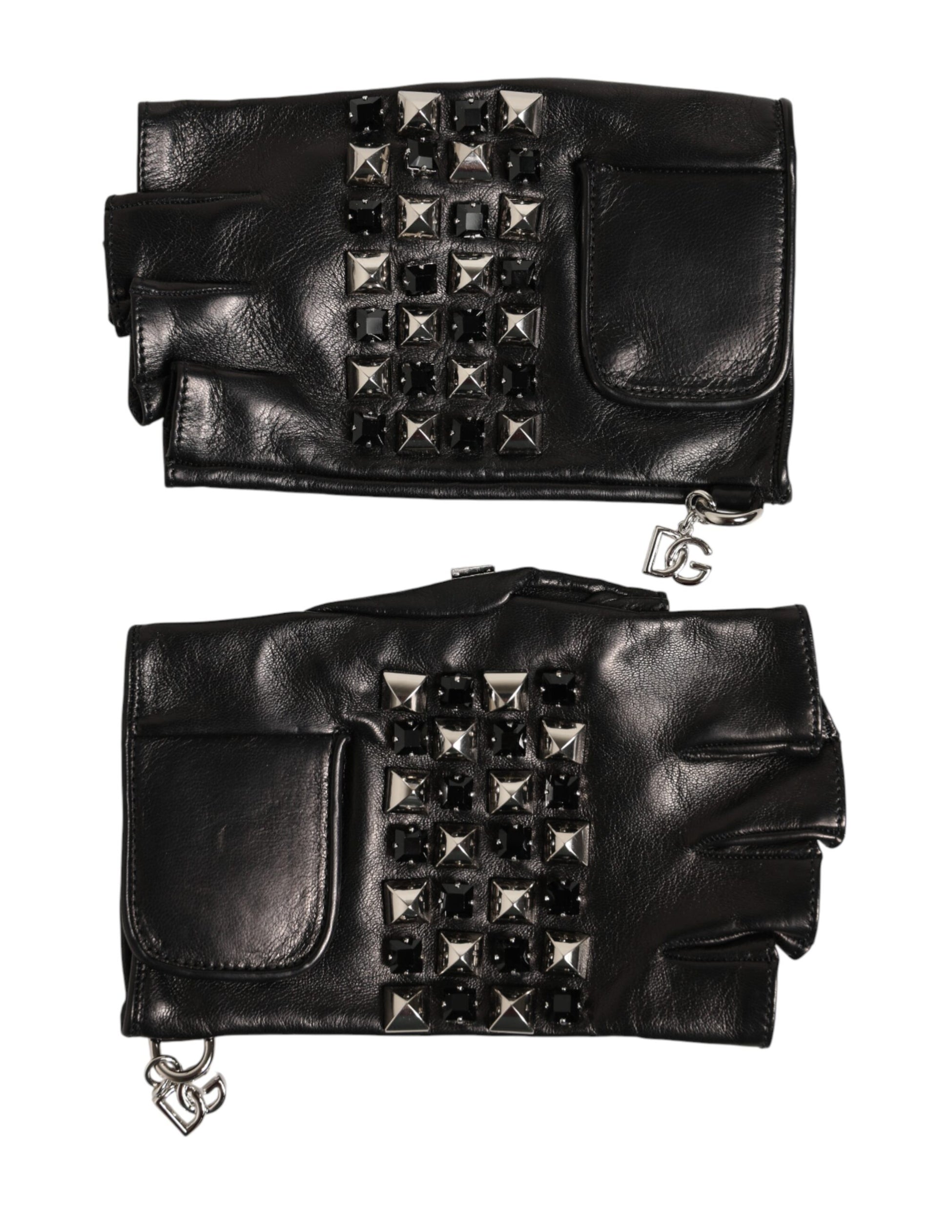Dolce & Gabbana Black Leather Studded Fingerless Hand Mitten Men Gloves Curated Luxury Accessories by Orvyn