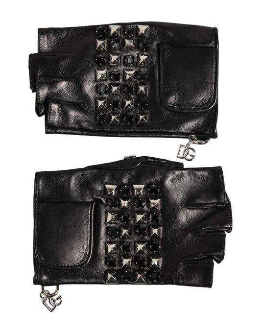Dolce & Gabbana Black Leather Studded Fingerless Hand Mitten Men Gloves Curated Luxury Accessories by Orvyn