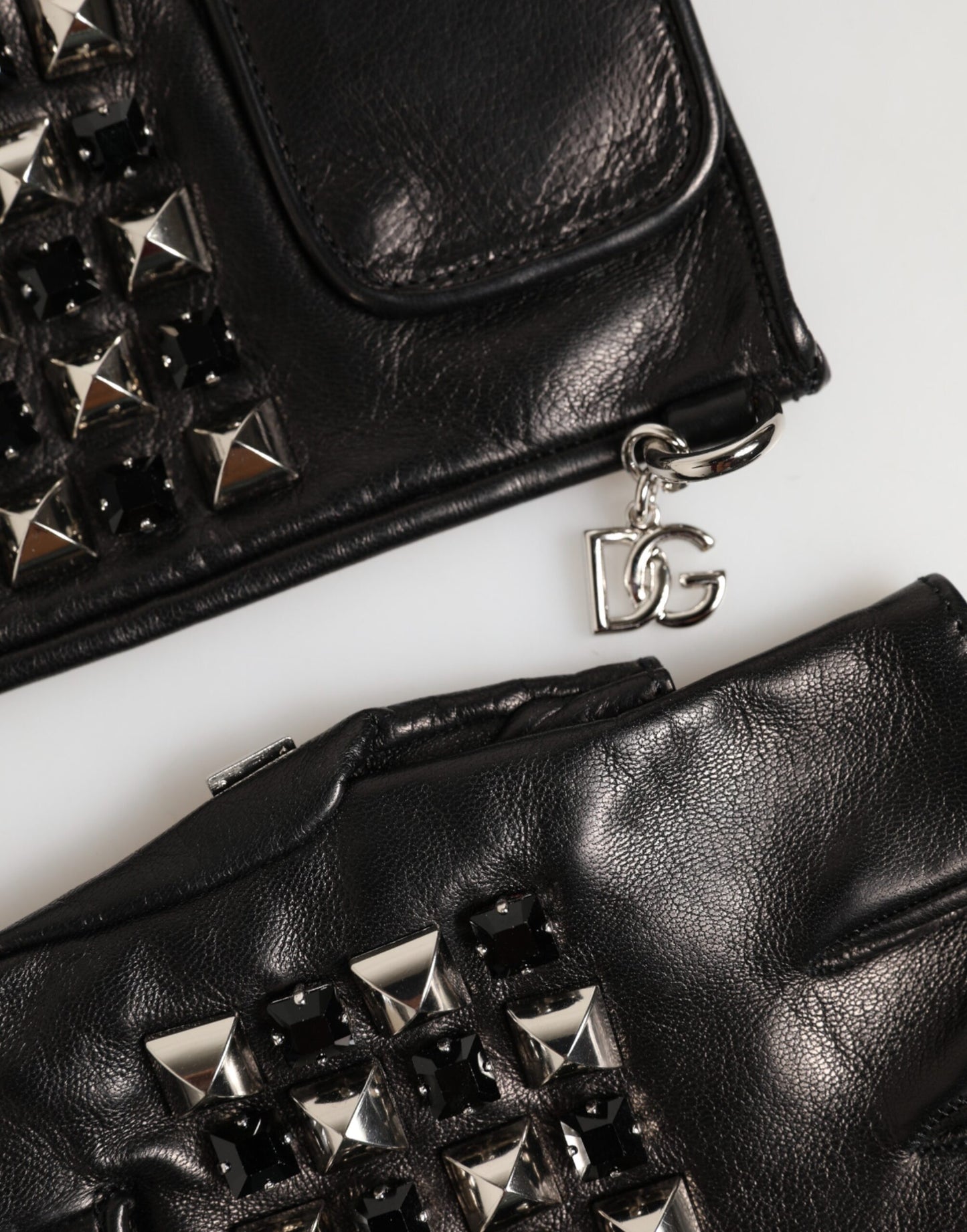 Dolce & Gabbana Black Leather Studded Fingerless Hand Mitten Men Gloves Curated Luxury Accessories by Orvyn