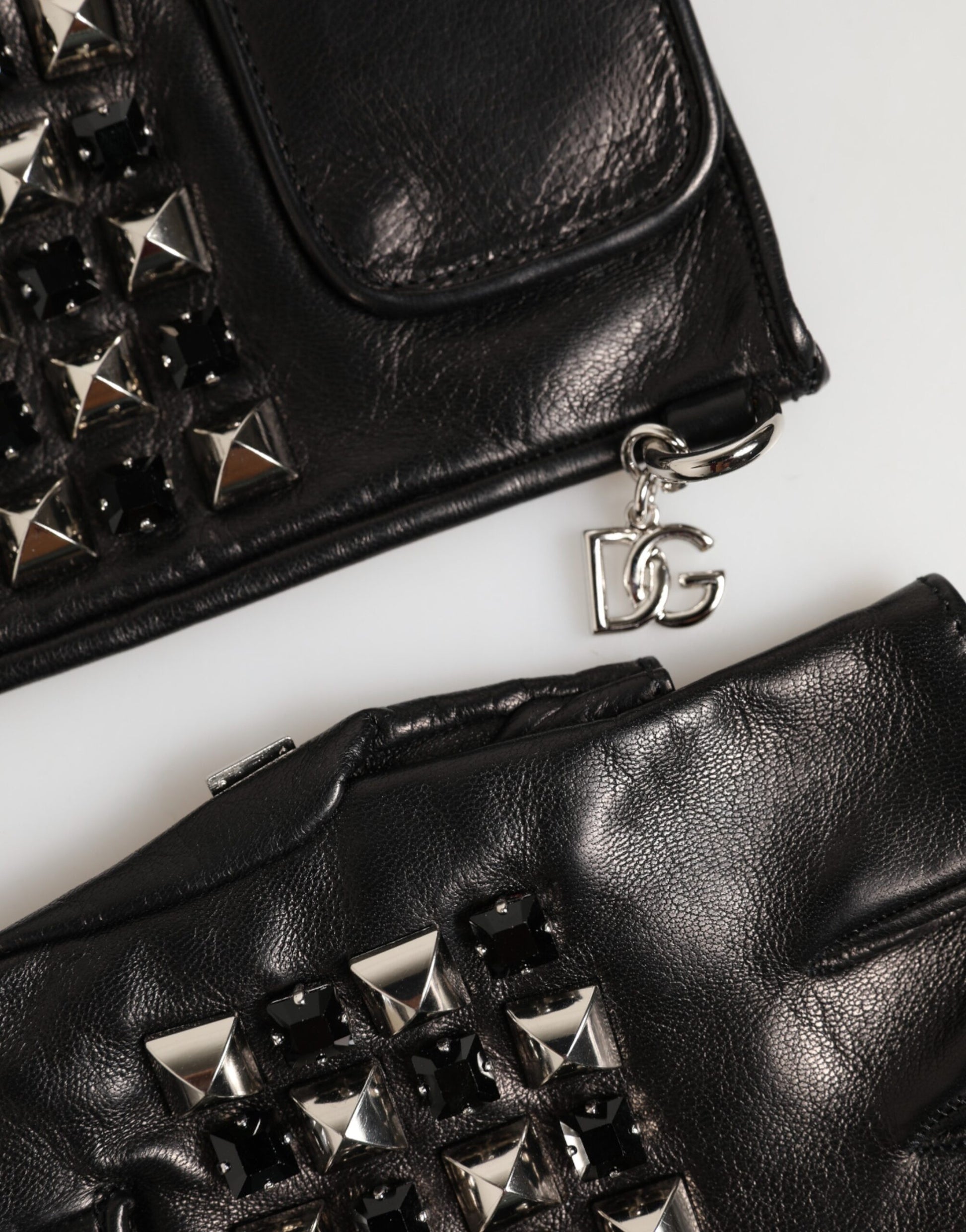 Dolce & Gabbana Black Leather Studded Fingerless Hand Mitten Men Gloves Curated Luxury Accessories by Orvyn