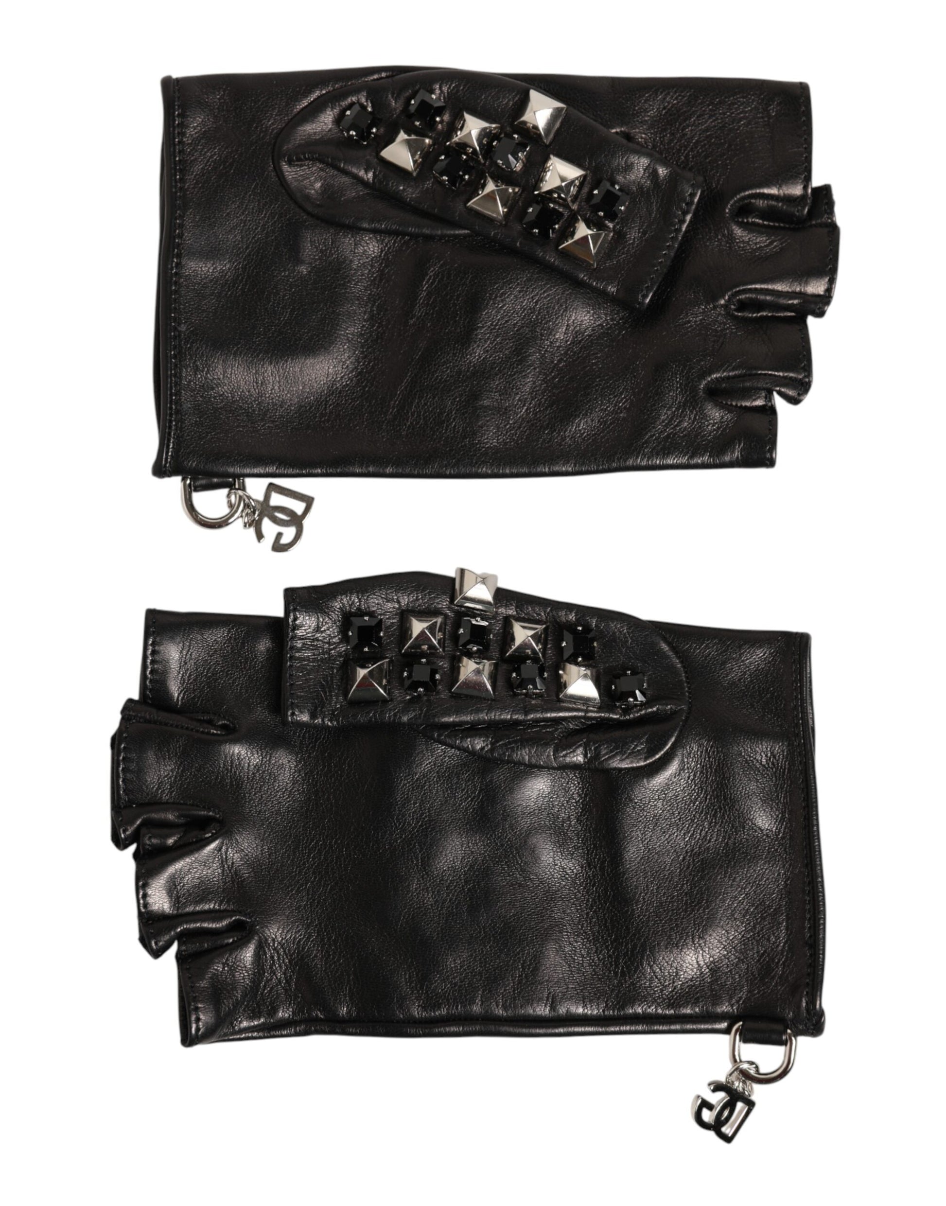 Dolce & Gabbana Black Leather Studded Fingerless Hand Mitten Men Gloves Curated Luxury Accessories by Orvyn