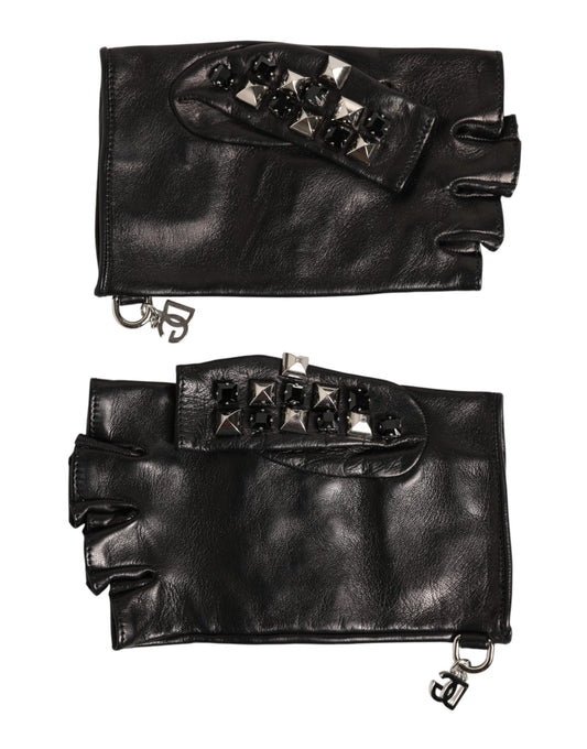 Dolce & Gabbana Black Leather Studded Fingerless Hand Mitten Men Gloves Curated Luxury Accessories by Orvyn