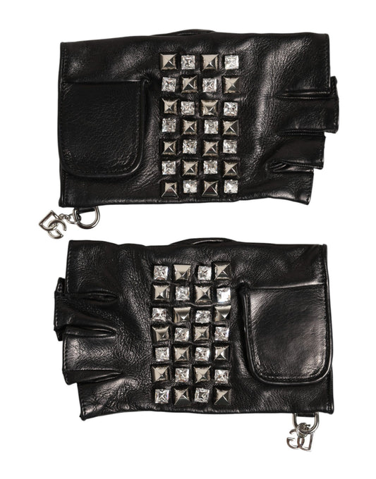 Dolce & Gabbana Black Leather Studded Fingerless Hand Mitten Men Gloves Curated Luxury Accessories by Orvyn