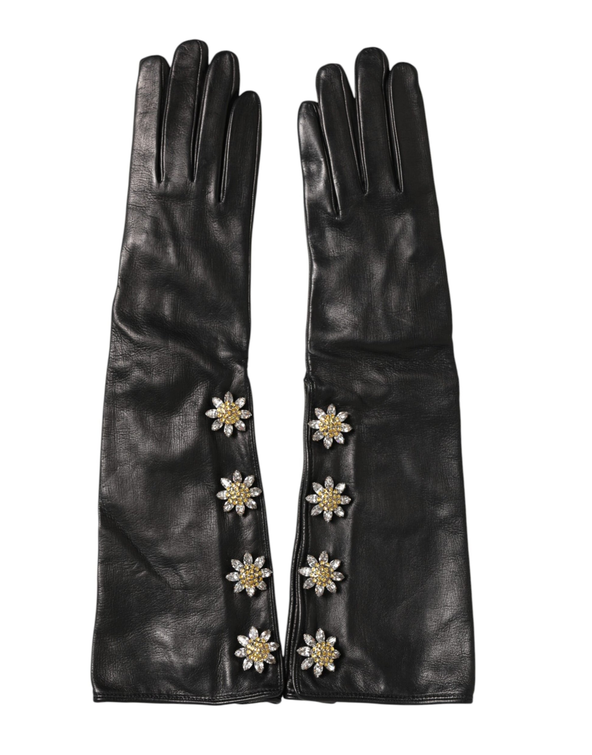 Dolce & Gabbana Black Leather Embellished Long Mitten Gloves Curated Luxury Accessories by Orvyn