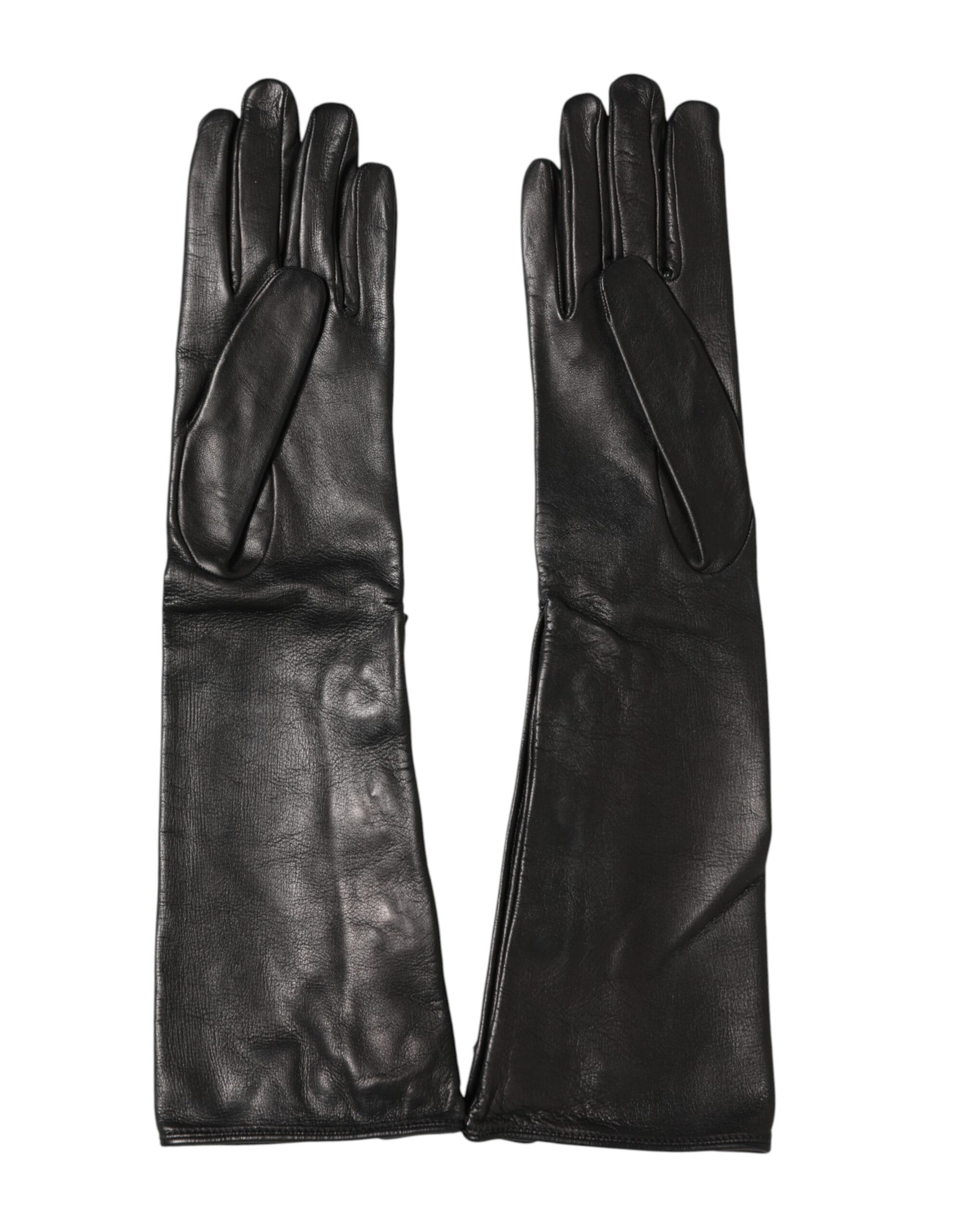 Dolce & Gabbana Black Leather Embellished Long Mitten Gloves Curated Luxury Accessories by Orvyn