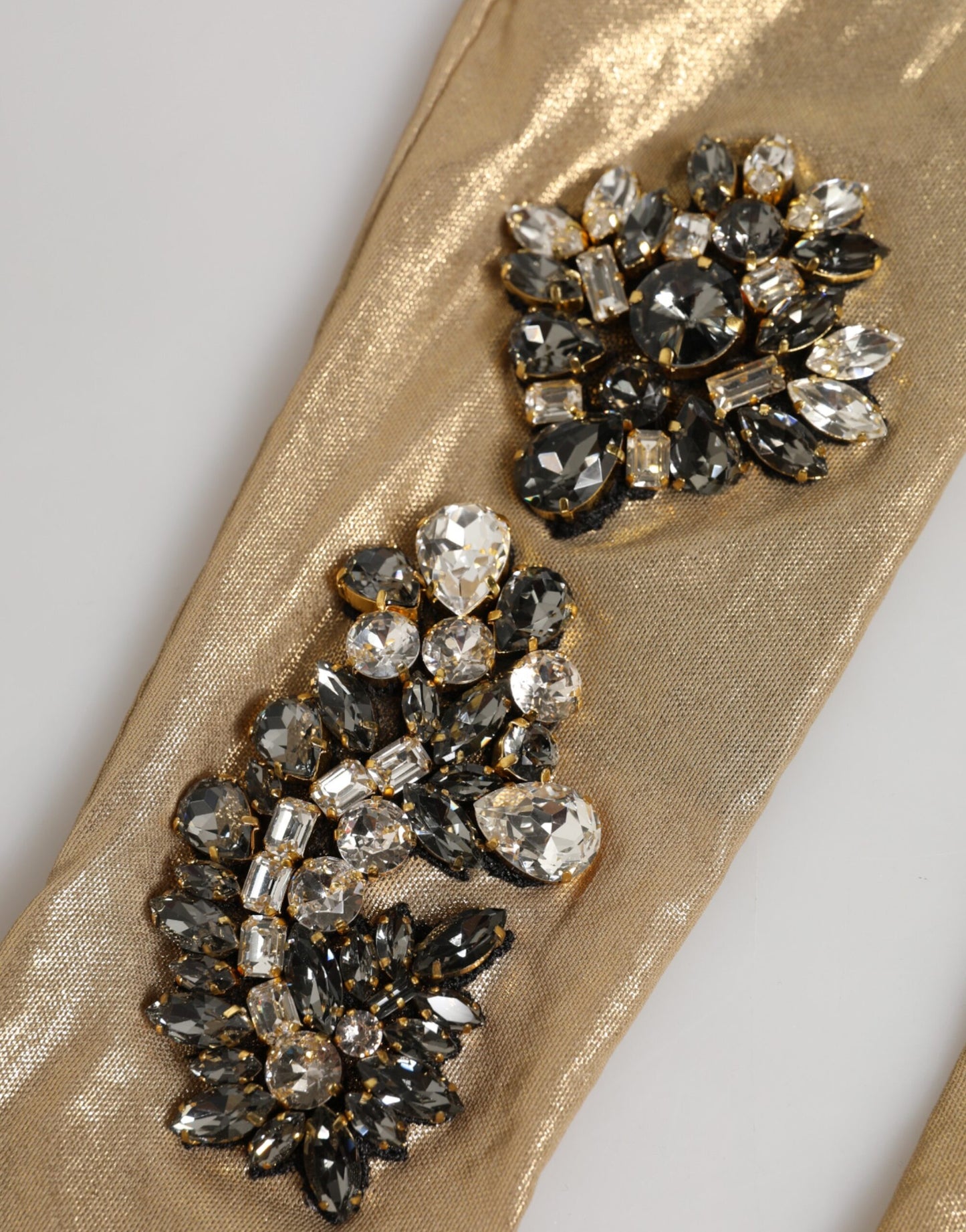 Dolce & Gabbana Beige Satin Crystal Elbow Length Mitten Gloves Curated Luxury Accessories by Orvyn