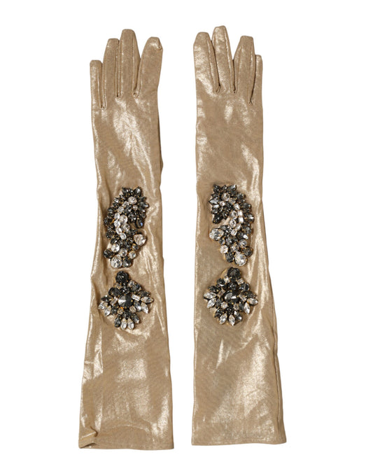 Dolce & Gabbana Beige Satin Crystal Elbow Length Mitten Gloves Curated Luxury Accessories by Orvyn