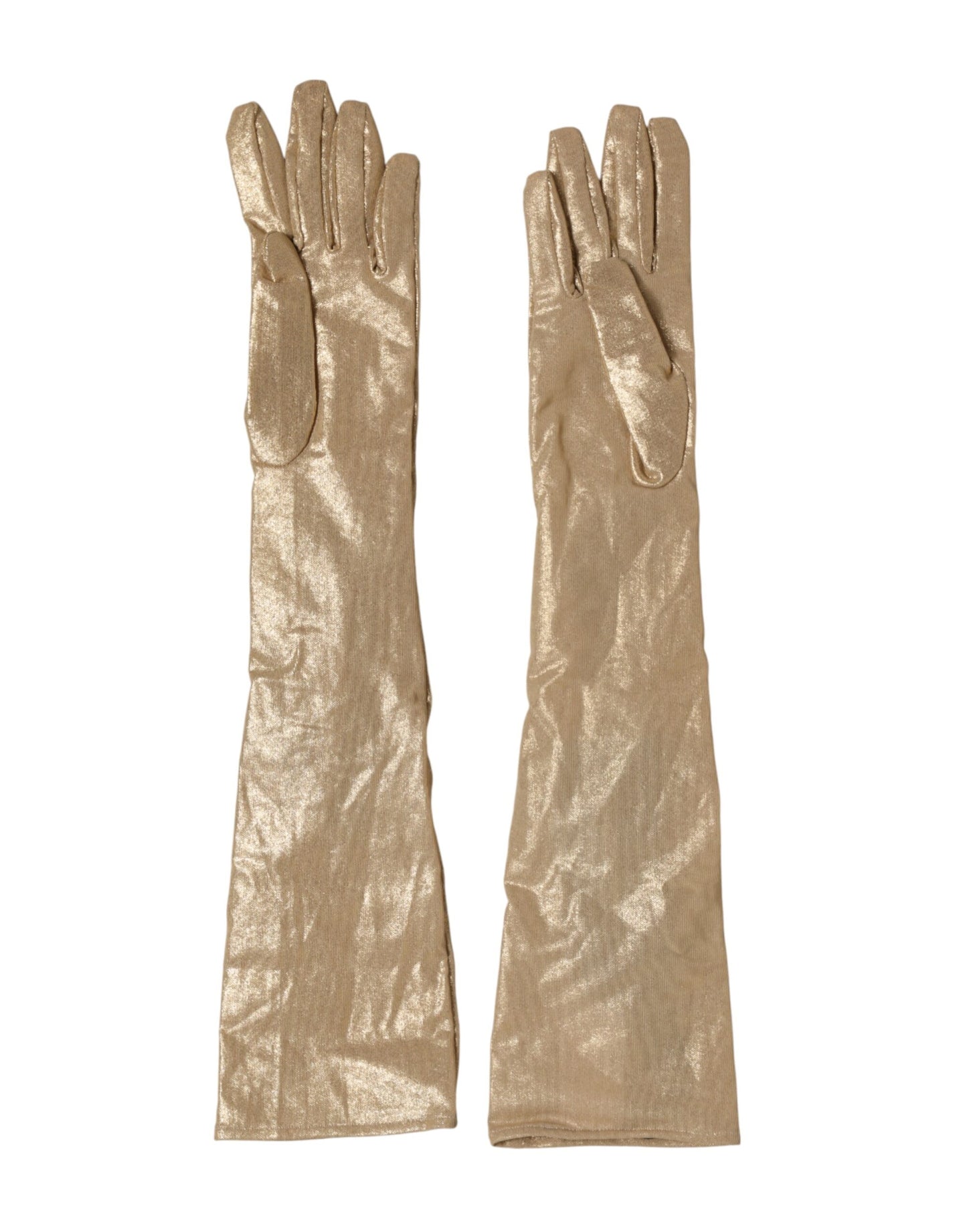 Dolce & Gabbana Beige Satin Crystal Elbow Length Mitten Gloves Curated Luxury Accessories by Orvyn