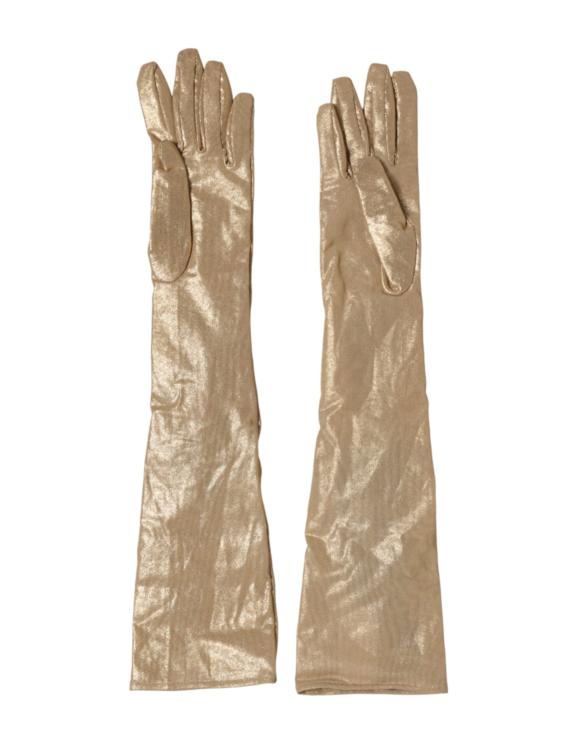 Dolce & Gabbana Beige Satin Crystal Elbow Length Mitten Gloves Curated Luxury Accessories by Orvyn