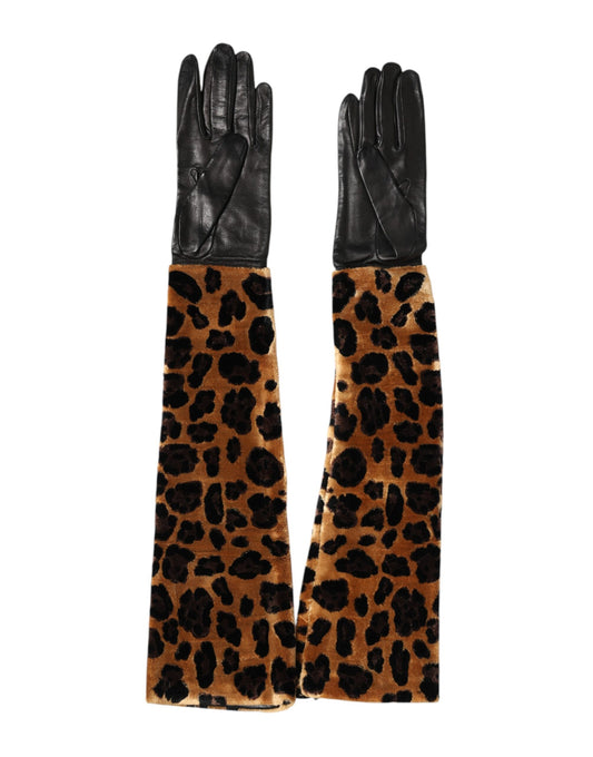 Dolce & Gabbana Brown Black Leopard Leather Elbow Length Mitten Gloves Curated Luxury Accessories by Orvyn
