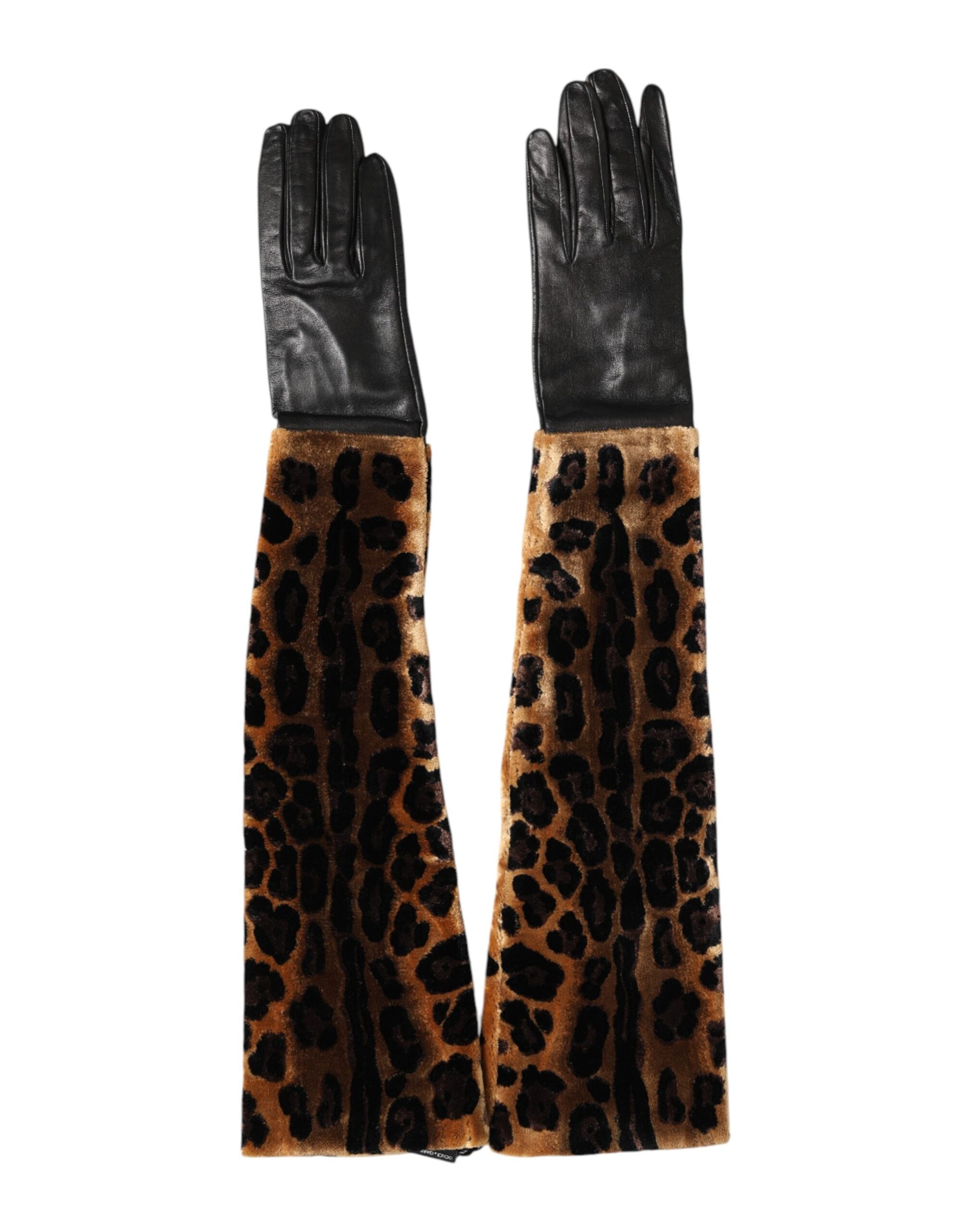 Dolce & Gabbana Brown Black Leopard Leather Elbow Length Mitten Gloves Curated Luxury Accessories by Orvyn