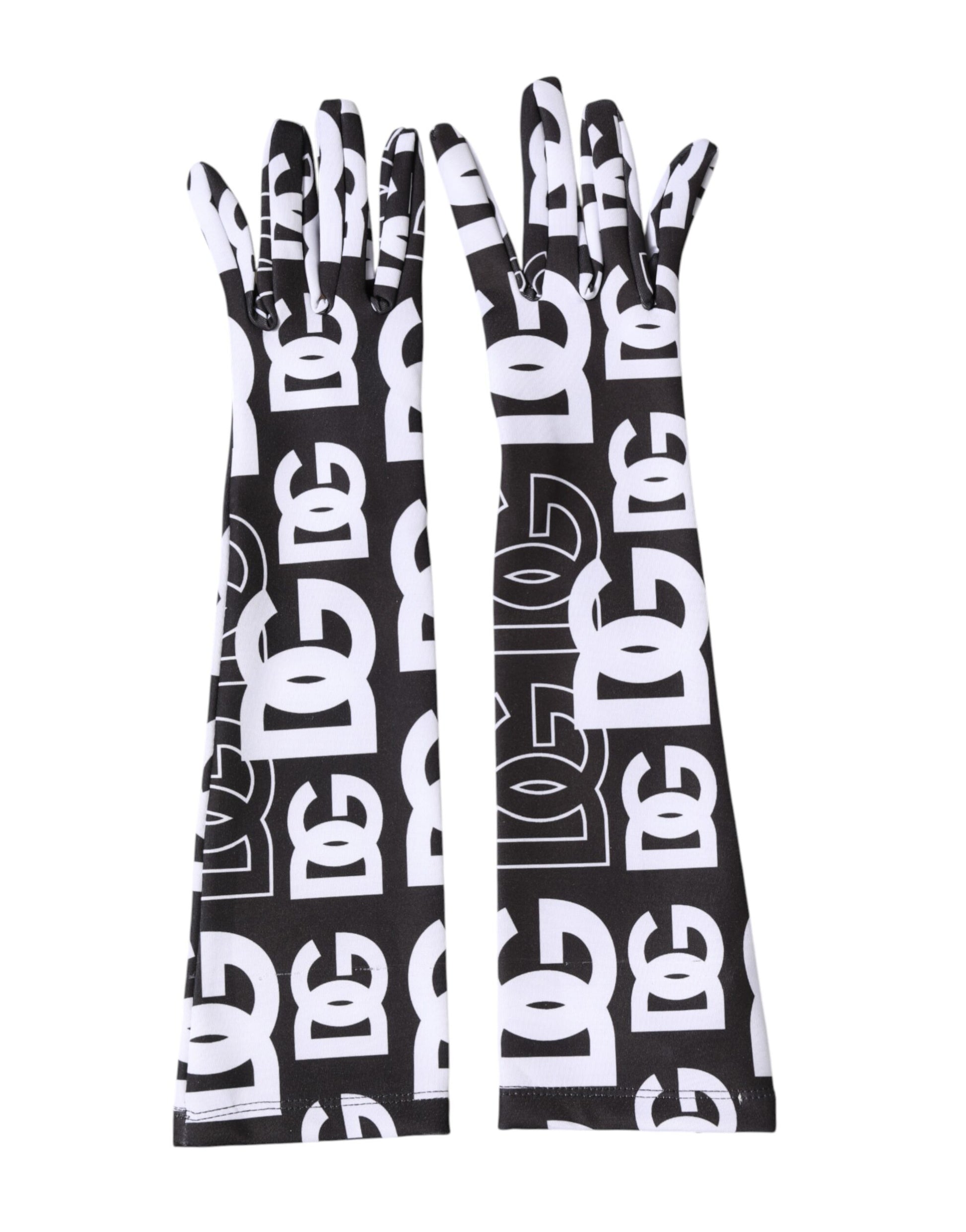 Dolce & Gabbana Black White DG Logo Elbow Length Mitten Gloves Curated Luxury Accessories by Orvyn