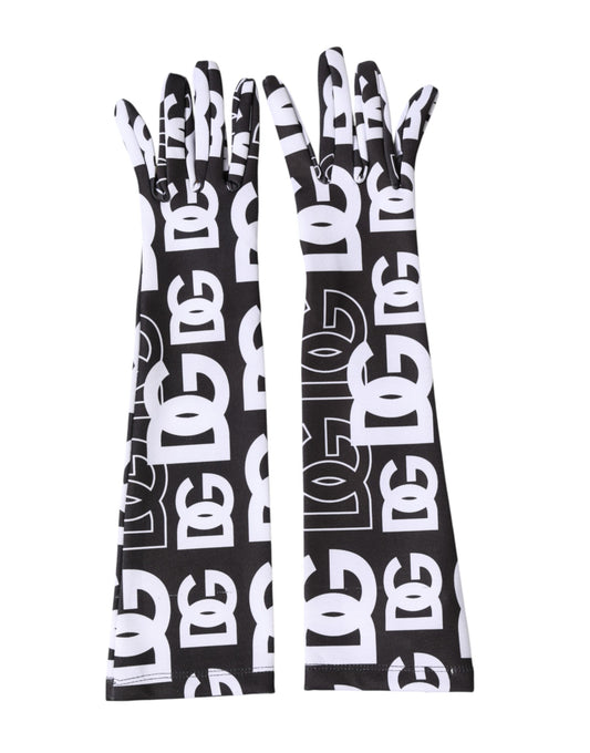 Dolce & Gabbana Black White DG Logo Elbow Length Mitten Gloves Curated Luxury Accessories by Orvyn