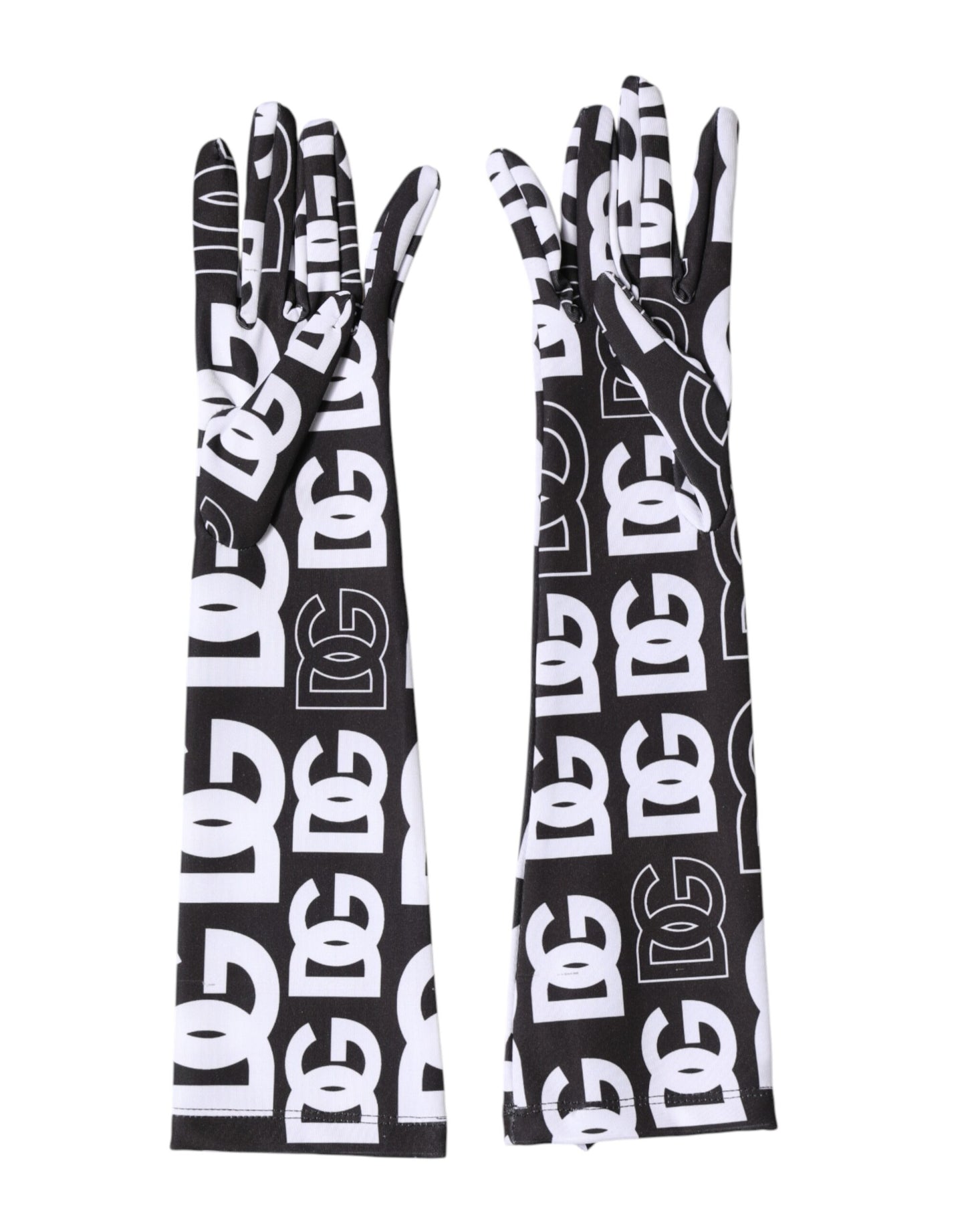 Dolce & Gabbana Black White DG Logo Elbow Length Mitten Gloves Curated Luxury Accessories by Orvyn