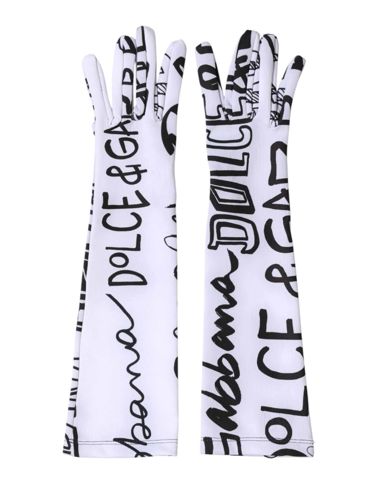 Dolce & Gabbana Black White DG Logo Elbow Length Mitten Gloves Curated Luxury Accessories by Orvyn