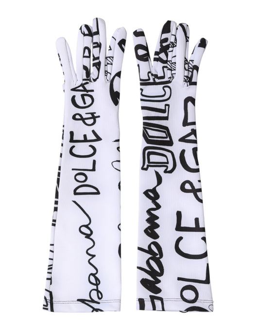 Dolce & Gabbana Black White DG Logo Elbow Length Mitten Gloves Curated Luxury Accessories by Orvyn