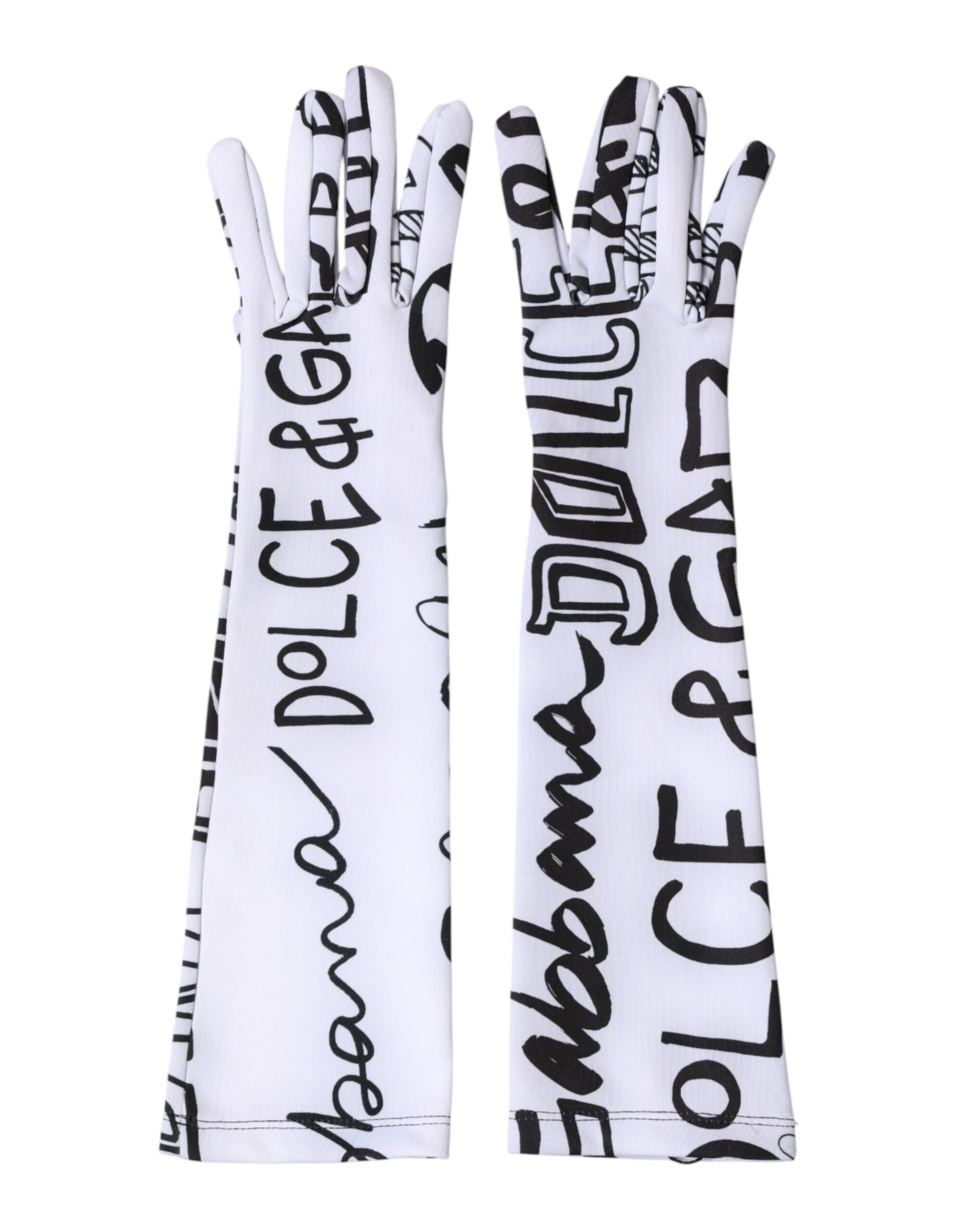 Dolce & Gabbana Black White DG Logo Elbow Length Mitten Gloves Curated Luxury Accessories by Orvyn