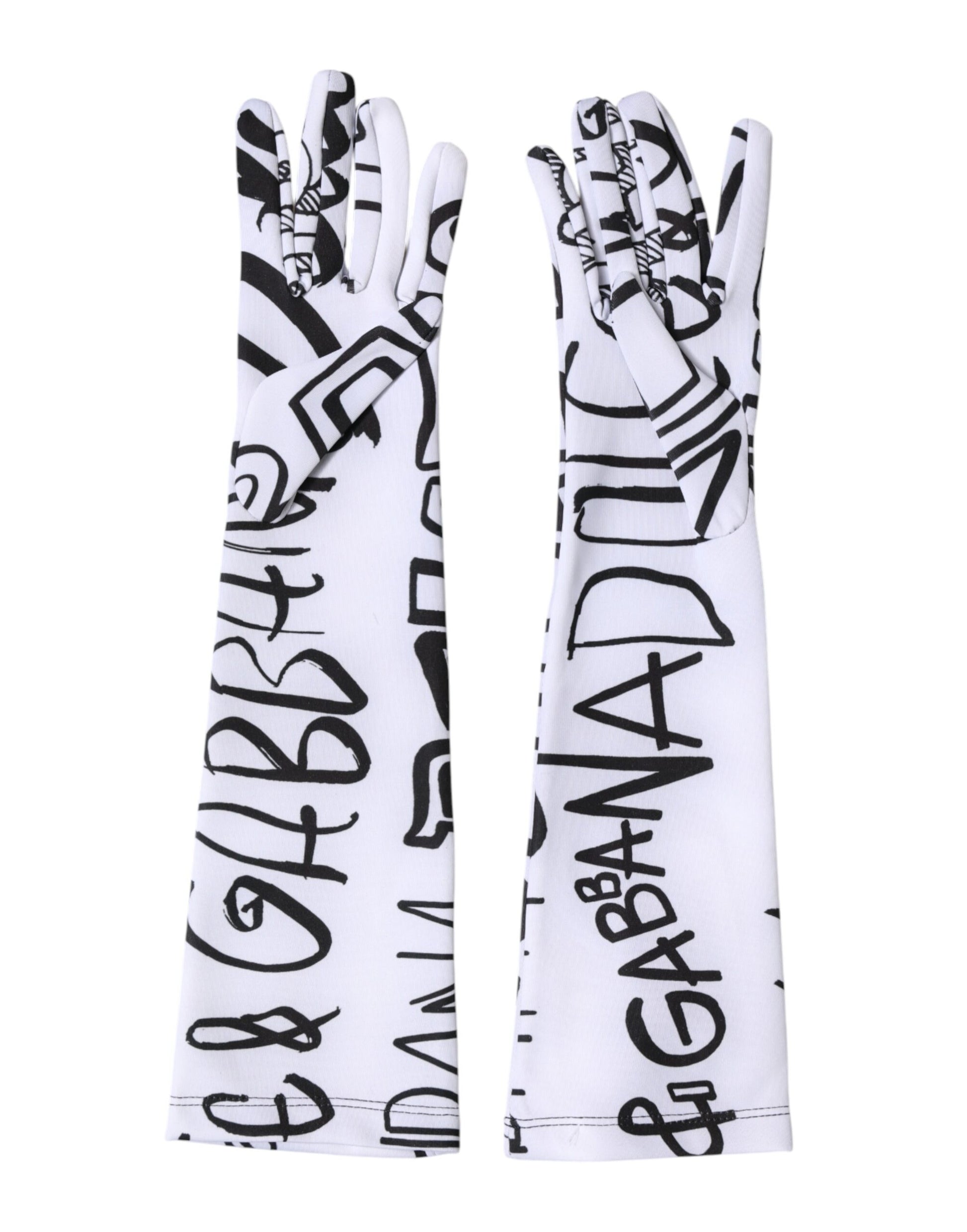 Dolce & Gabbana Black White DG Logo Elbow Length Mitten Gloves Curated Luxury Accessories by Orvyn