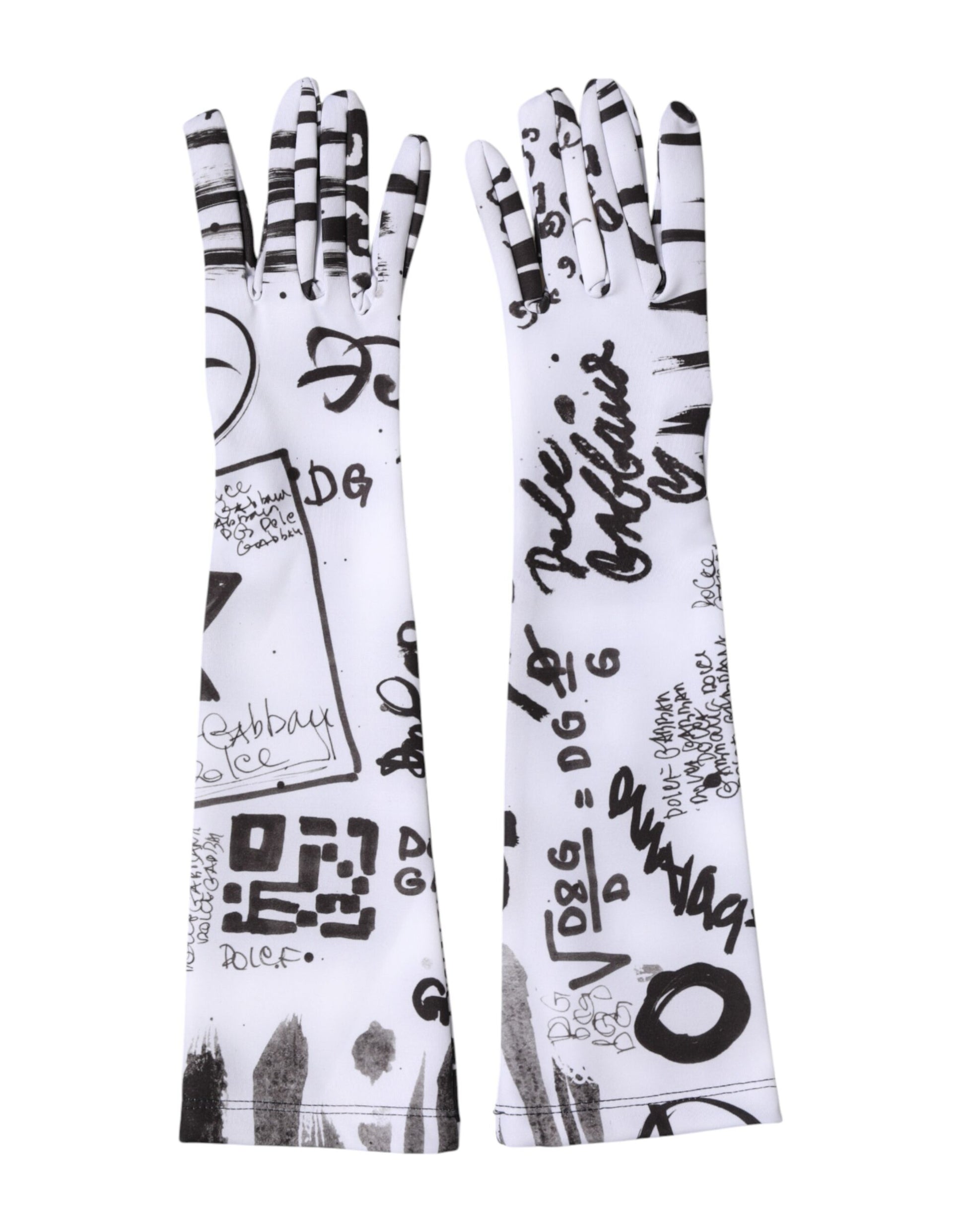 Dolce & Gabbana Black White DG Logo Elbow Length Mitten Gloves Curated Luxury Accessories by Orvyn