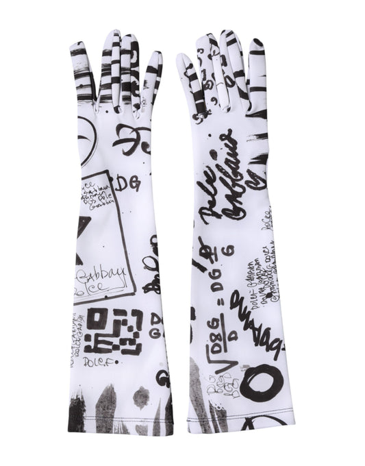 Dolce & Gabbana Black White DG Logo Elbow Length Mitten Gloves Curated Luxury Accessories by Orvyn