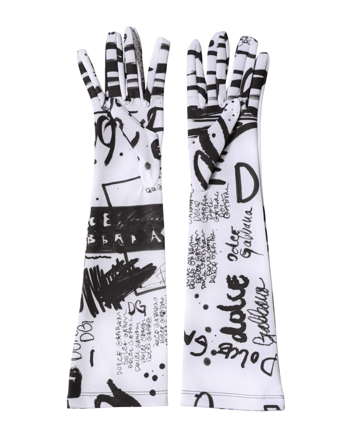 Dolce & Gabbana Black White DG Logo Elbow Length Mitten Gloves Curated Luxury Accessories by Orvyn