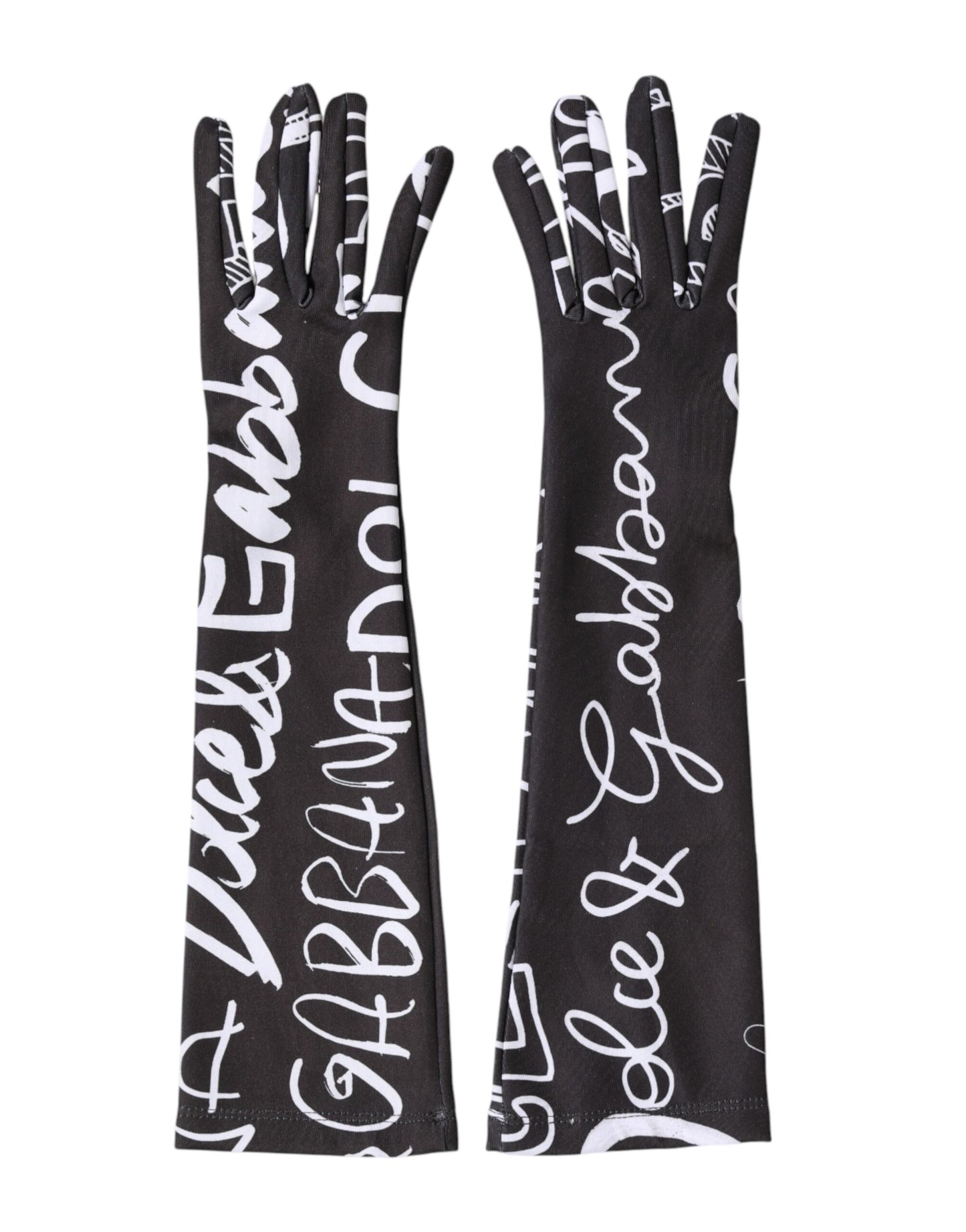 Dolce & Gabbana Black White DG Logo Elbow Length Mitten Gloves Curated Luxury Accessories by Orvyn