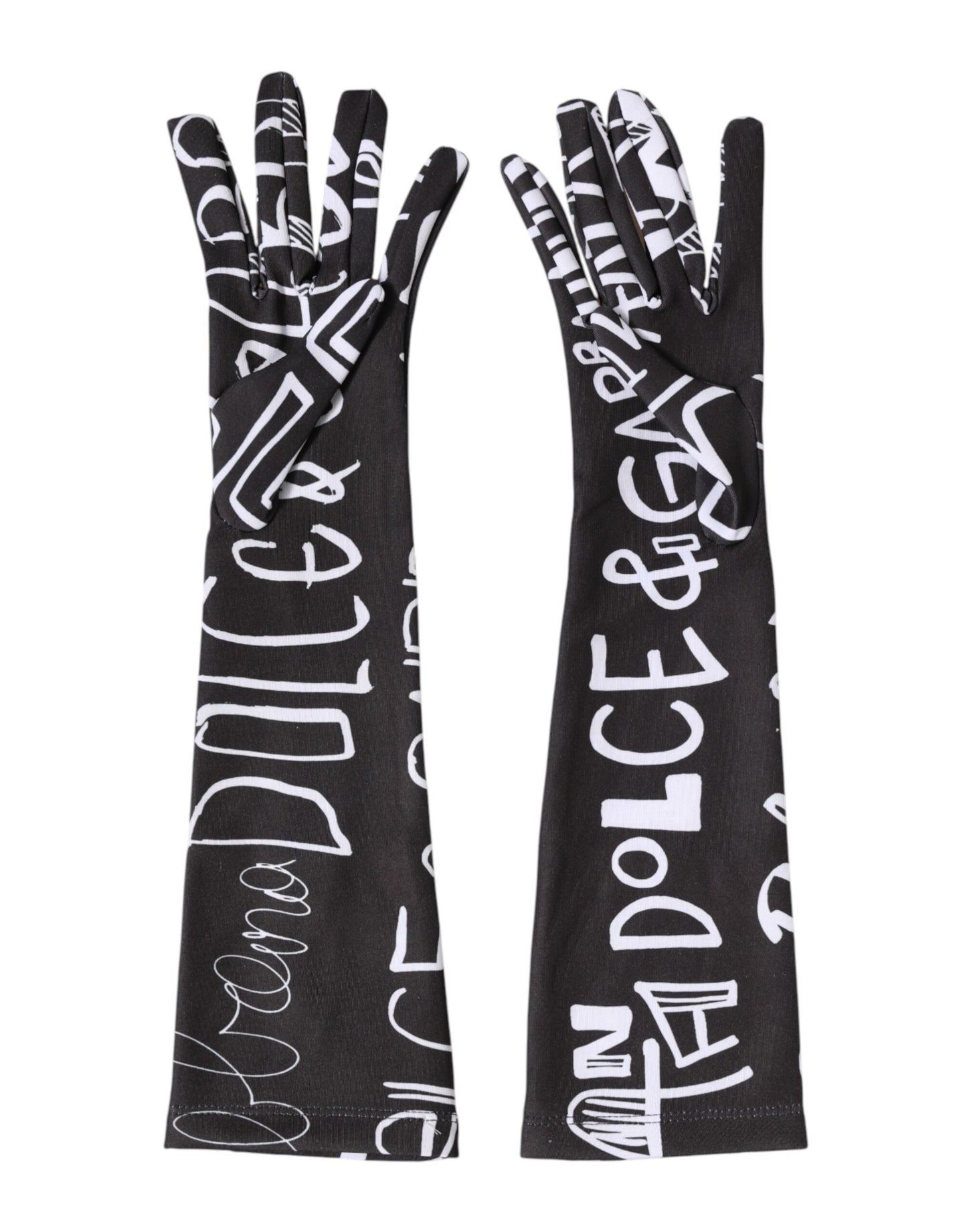 Dolce & Gabbana Black White DG Logo Elbow Length Mitten Gloves Curated Luxury Accessories by Orvyn