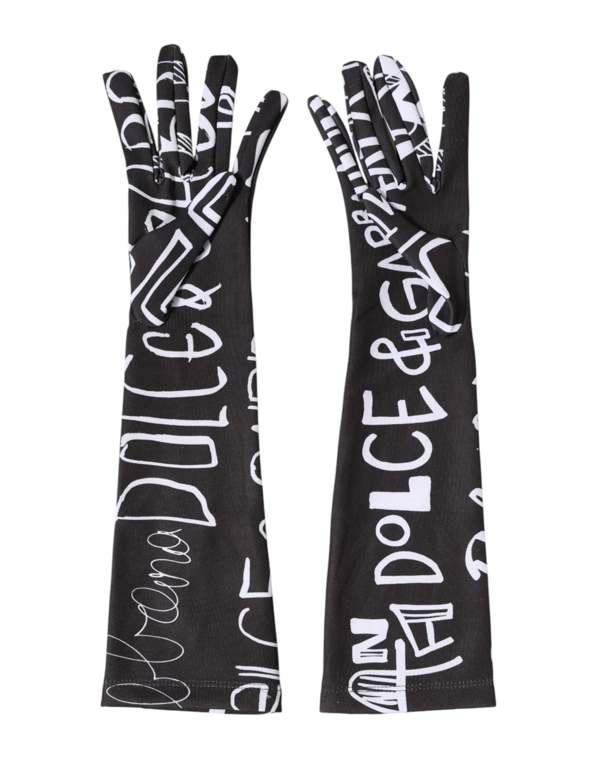 Dolce & Gabbana Black White DG Logo Elbow Length Mitten Gloves Curated Luxury Accessories by Orvyn