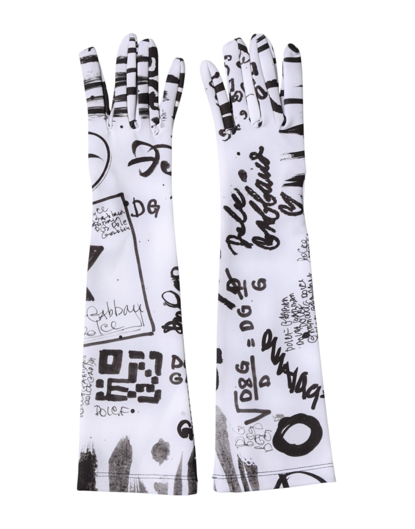 Dolce & Gabbana Black White DG Logo Elbow Length Mitten Gloves Curated Luxury Accessories by Orvyn