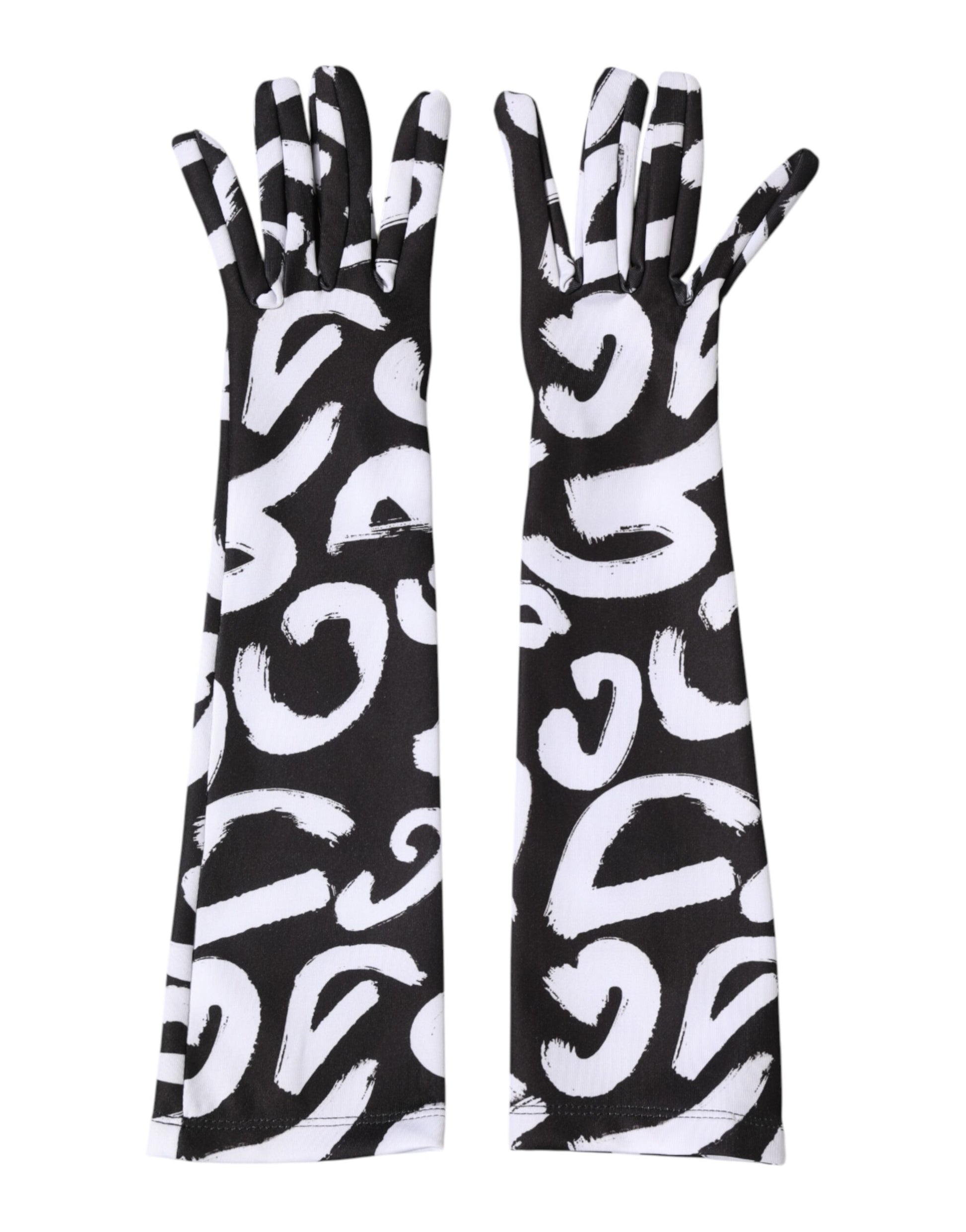 Dolce & Gabbana Black White DG Logo Elbow Length Mitten Gloves Curated Luxury Accessories by Orvyn
