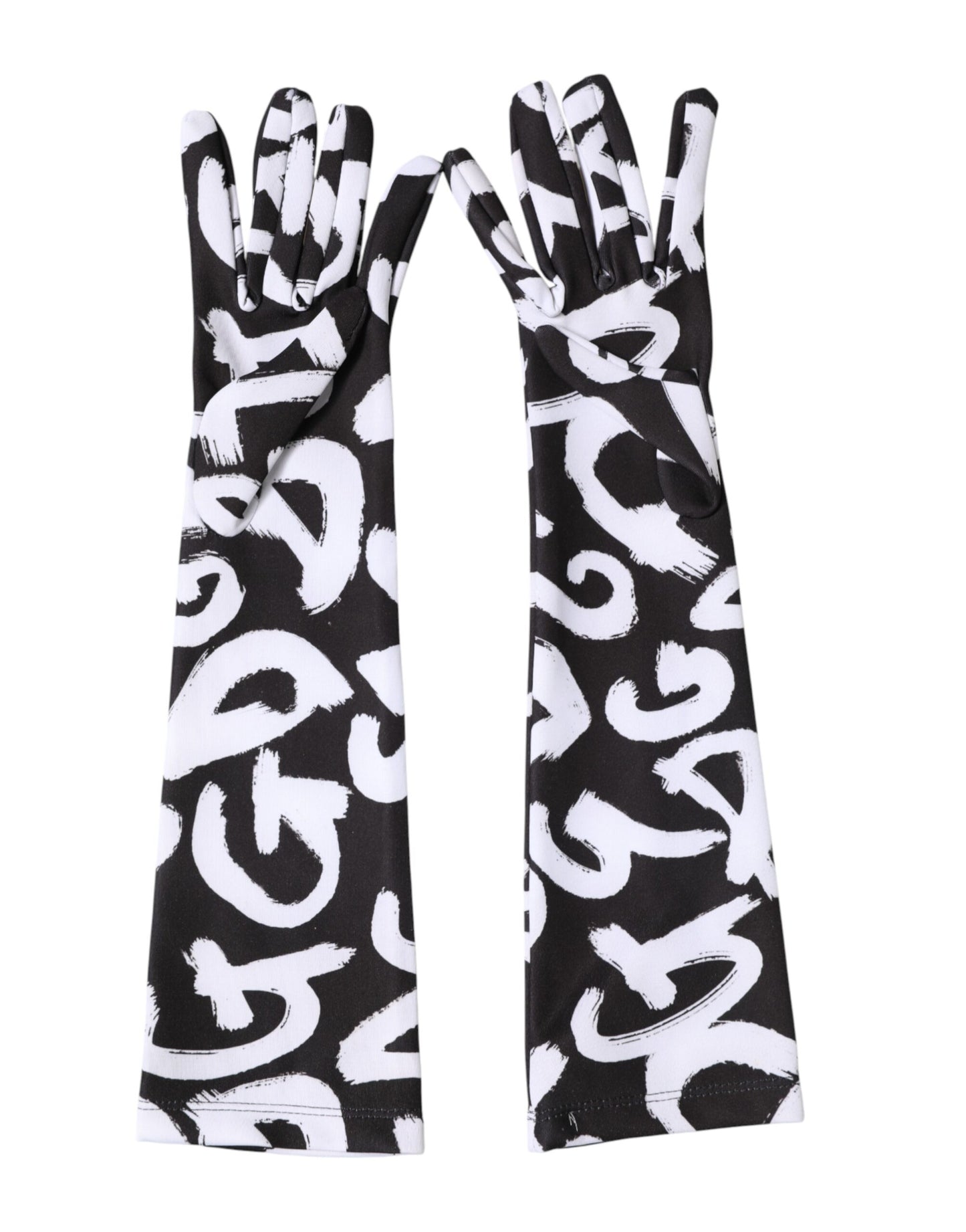 Dolce & Gabbana Black White DG Logo Elbow Length Mitten Gloves Curated Luxury Accessories by Orvyn