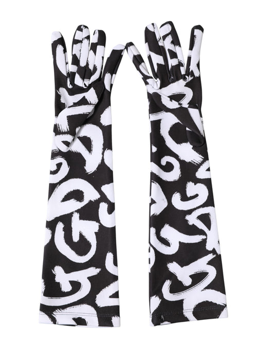 Dolce & Gabbana Black White DG Logo Elbow Length Mitten Gloves Curated Luxury Accessories by Orvyn