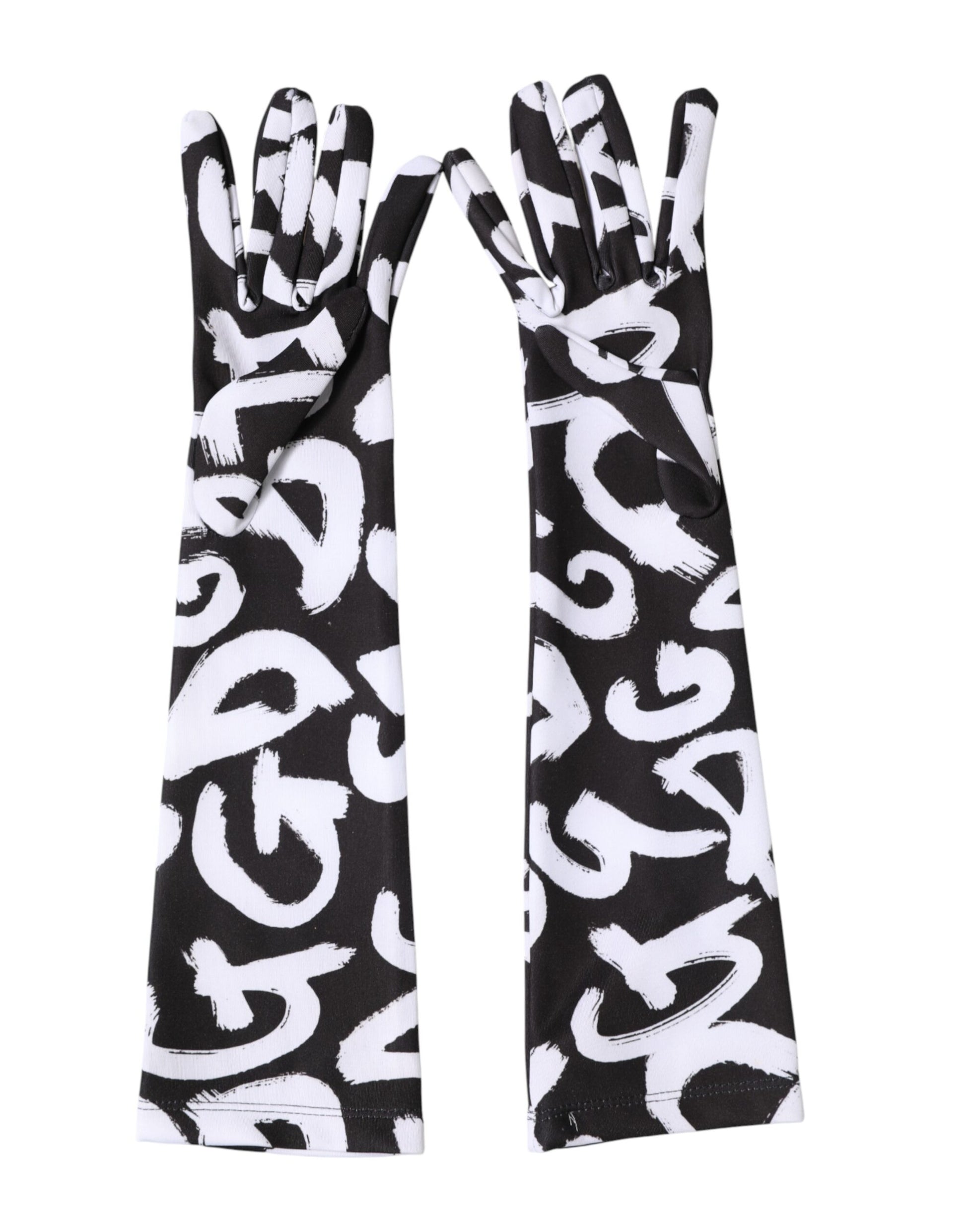 Dolce & Gabbana Black White DG Logo Elbow Length Mitten Gloves Curated Luxury Accessories by Orvyn
