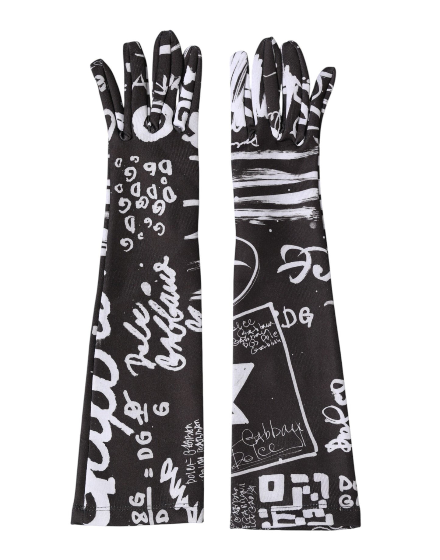 Dolce & Gabbana Black White DG Logo Elbow Length Mitten Gloves Curated Luxury Accessories by Orvyn