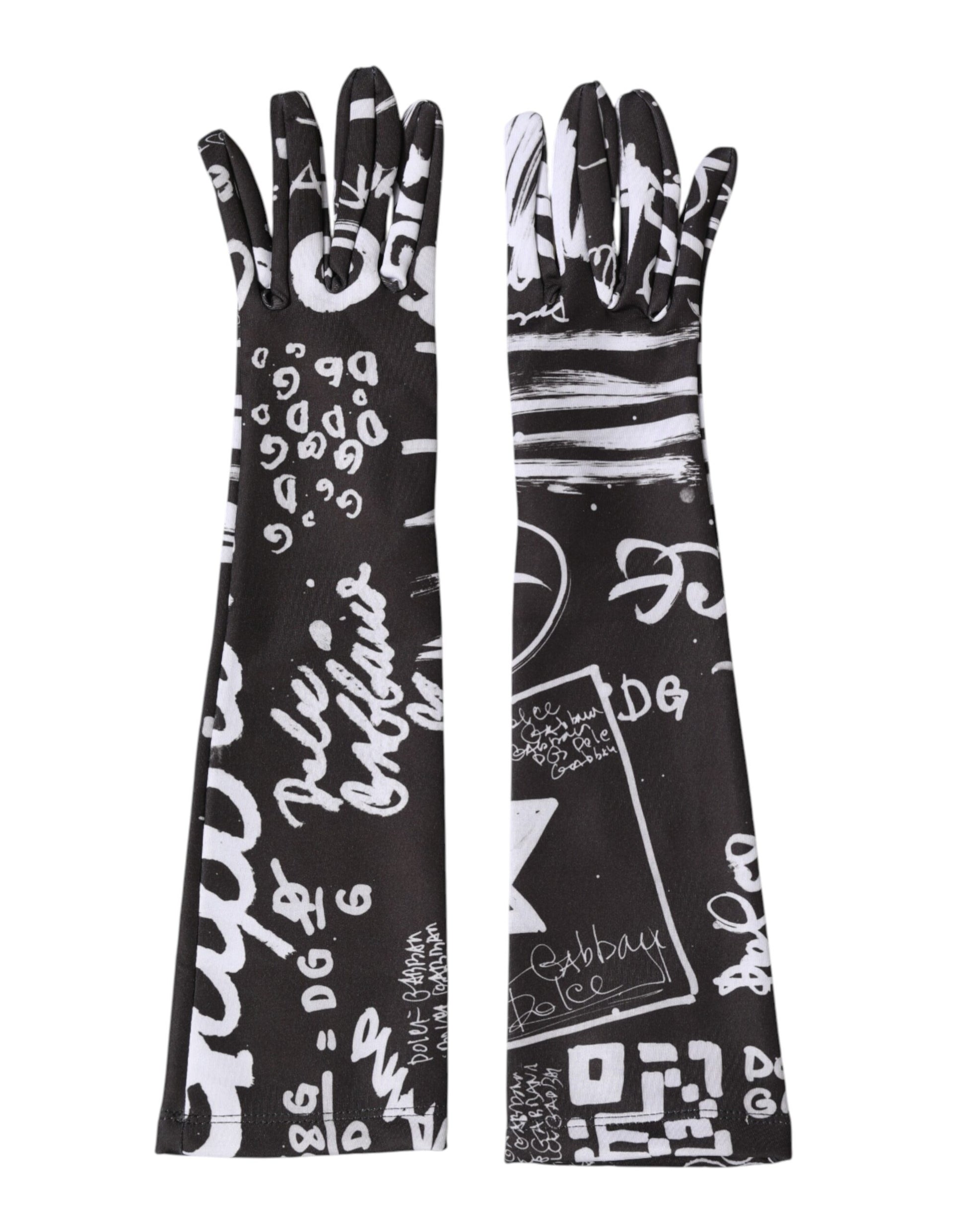Dolce & Gabbana Black White DG Logo Elbow Length Mitten Gloves Curated Luxury Accessories by Orvyn