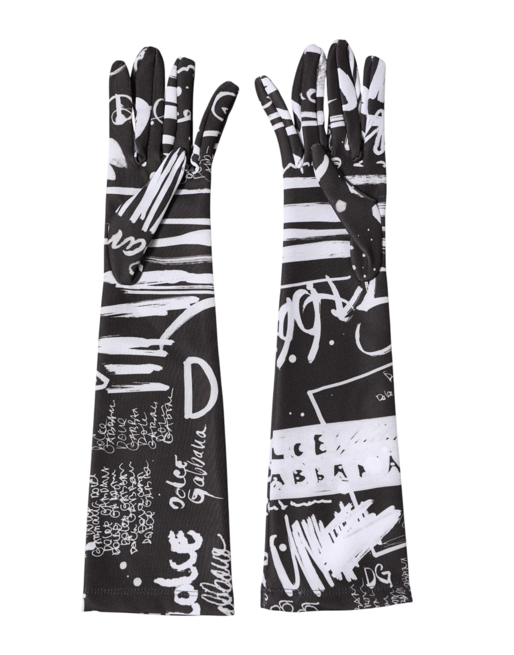 Dolce & Gabbana Black White DG Logo Elbow Length Mitten Gloves Curated Luxury Accessories by Orvyn