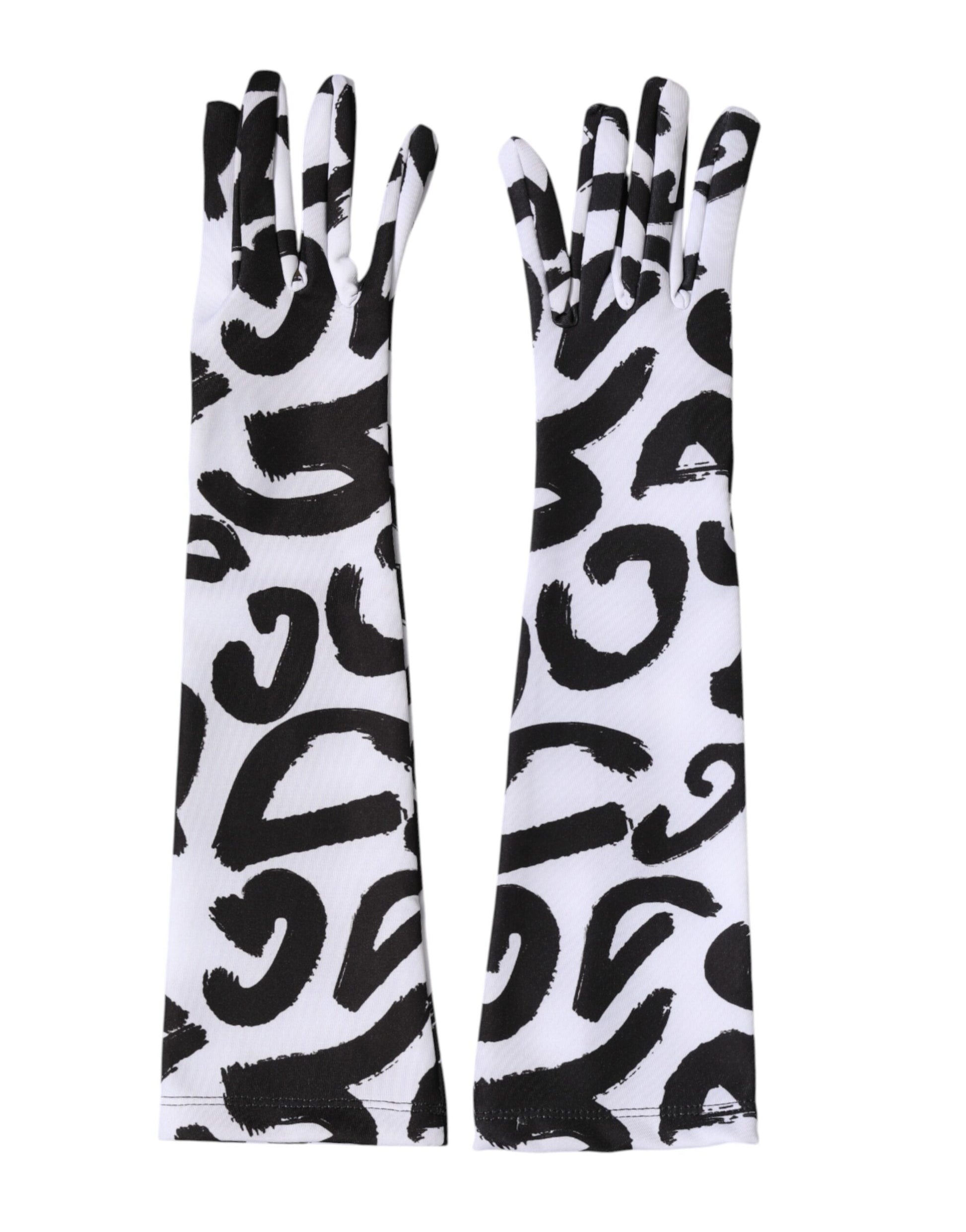 Dolce & Gabbana Black White DG Logo Elbow Length Mitten Gloves Curated Luxury Accessories by Orvyn
