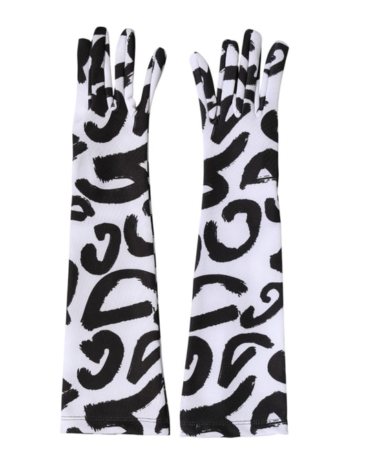 Dolce & Gabbana Black White DG Logo Elbow Length Mitten Gloves Curated Luxury Accessories by Orvyn