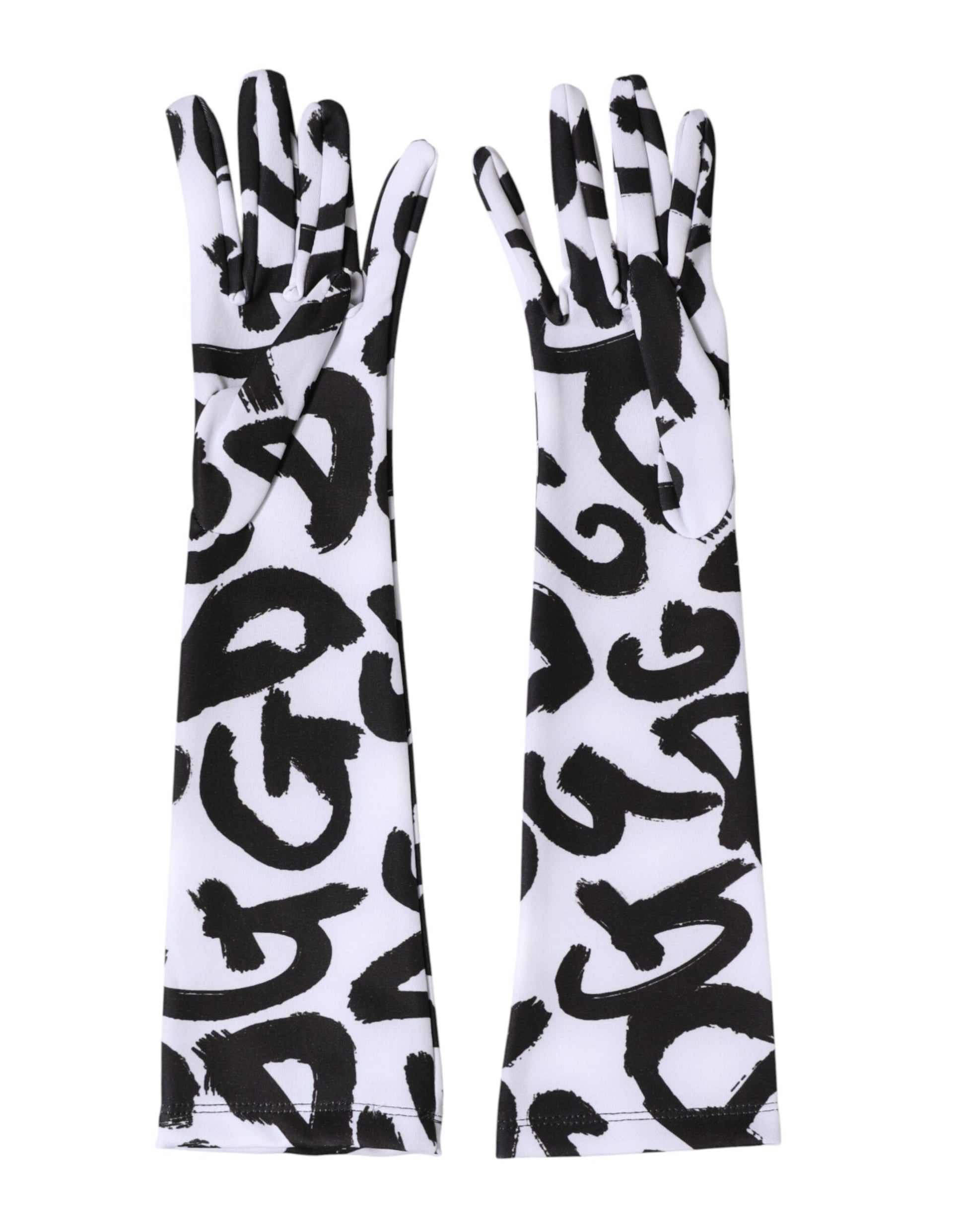 Dolce & Gabbana Black White DG Logo Elbow Length Mitten Gloves Curated Luxury Accessories by Orvyn