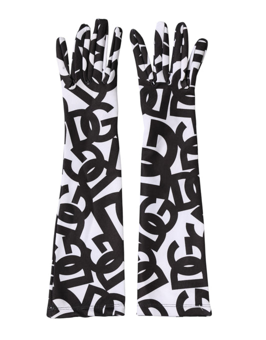 Dolce & Gabbana Black White DG Logo Elbow Length Mitten Gloves Curated Luxury Accessories by Orvyn