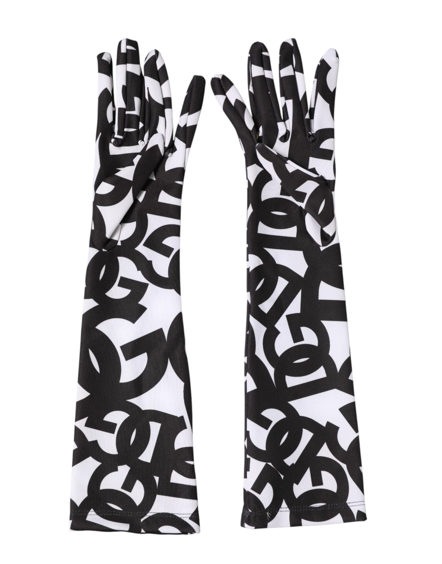 Dolce & Gabbana Black White DG Logo Elbow Length Mitten Gloves Curated Luxury Accessories by Orvyn