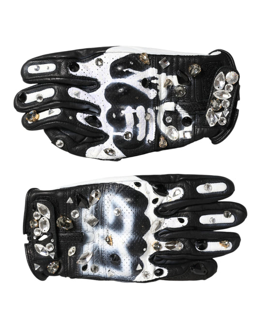 Dolce & Gabbana Gloves Black White Crystal Wrist Length Mitten Gloves Curated Luxury Accessories by Orvyn
